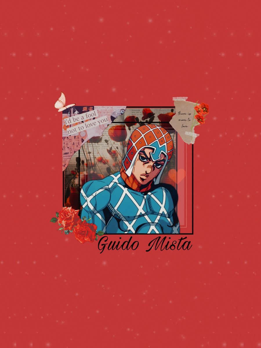Guido Mista 桌布 壁紙 — 一個風格化的動漫角色 Guido Mista 被框在一個帶有玫瑰和引文的拼貼畫中，背景是帶紋理的紅色。