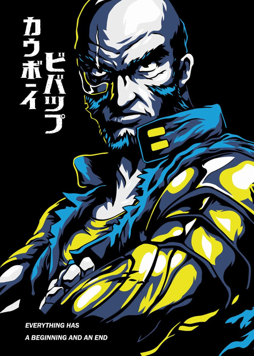 Cowboy Bebop Jet Black 桌布 壁紙 — 一個風格化的動漫角色，光頭且眼神銳利，穿著藍黃色外套，背景為黑色。