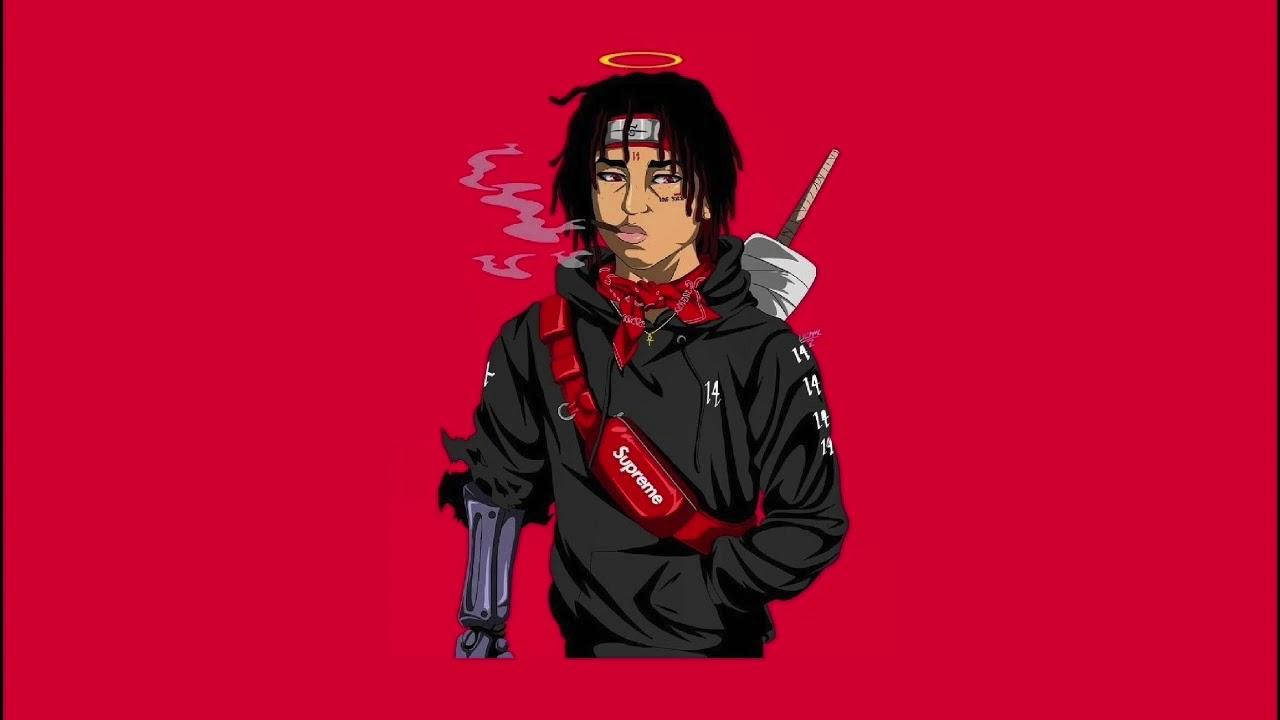 Juice WRLD 桌布 壁紙 — 一個風格化的動漫角色，帶有光環和香煙煙霧，背景為純紅色。