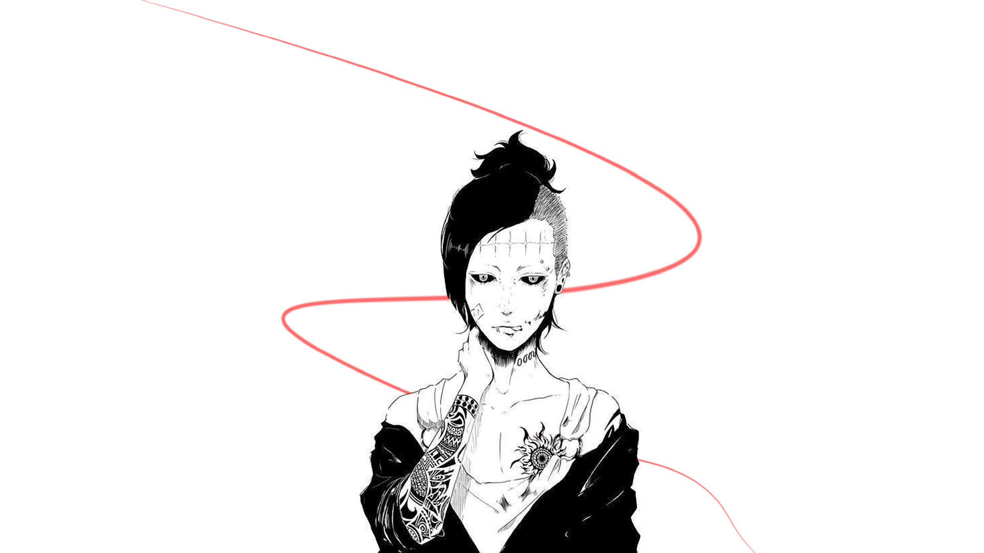 Tokyo Ghoul Uta 桌布 壁紙 — 一個風格化的動漫角色，帶有紋身和一條紅色旋轉線條，背景為純白色。
