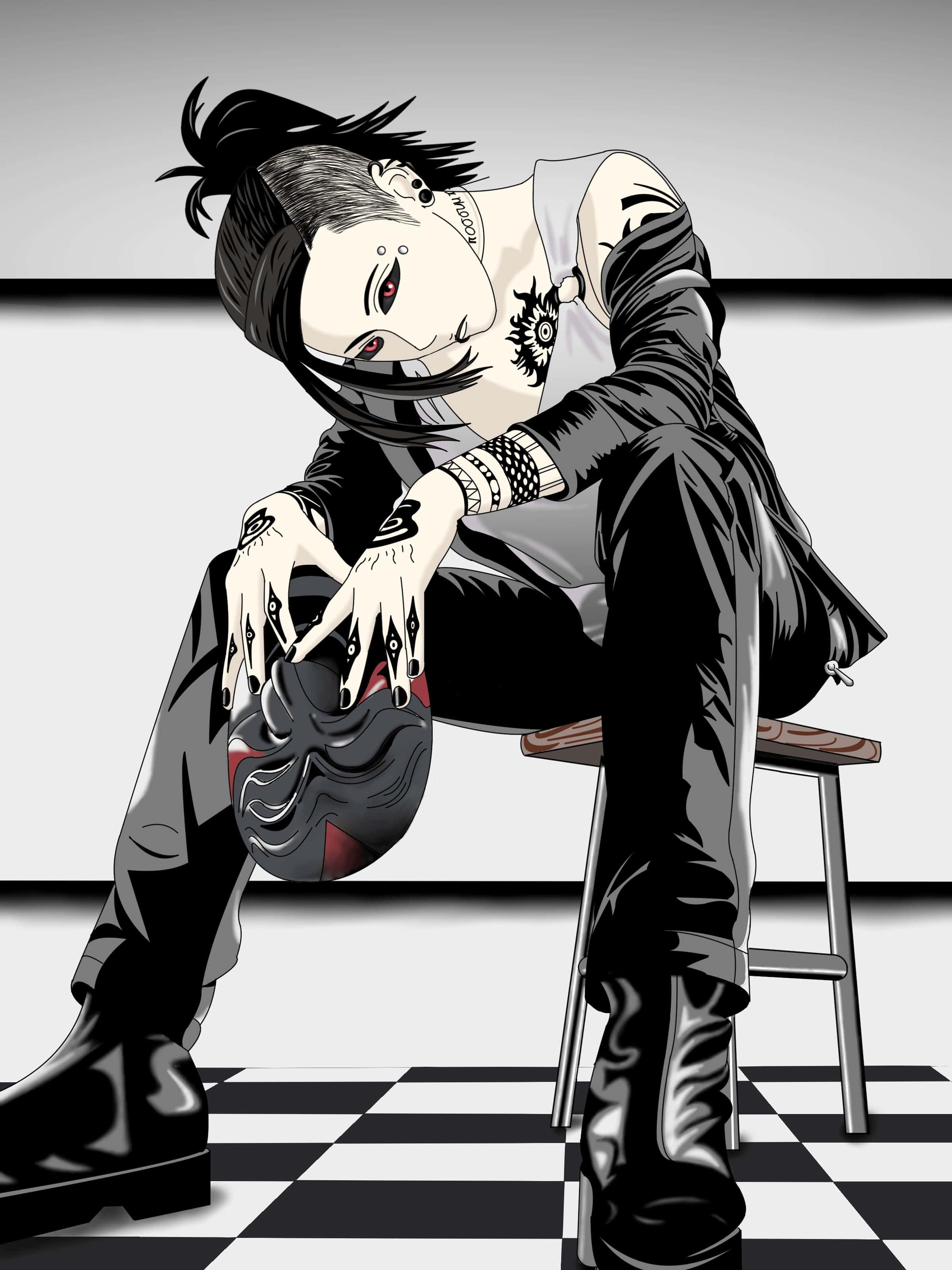 Tokyo Ghoul Uta 桌布 壁紙 — 一個風格化的動漫角色，帶有紋身和紅色眼睛，坐在凳子上，在方格地板上拿著面具。
