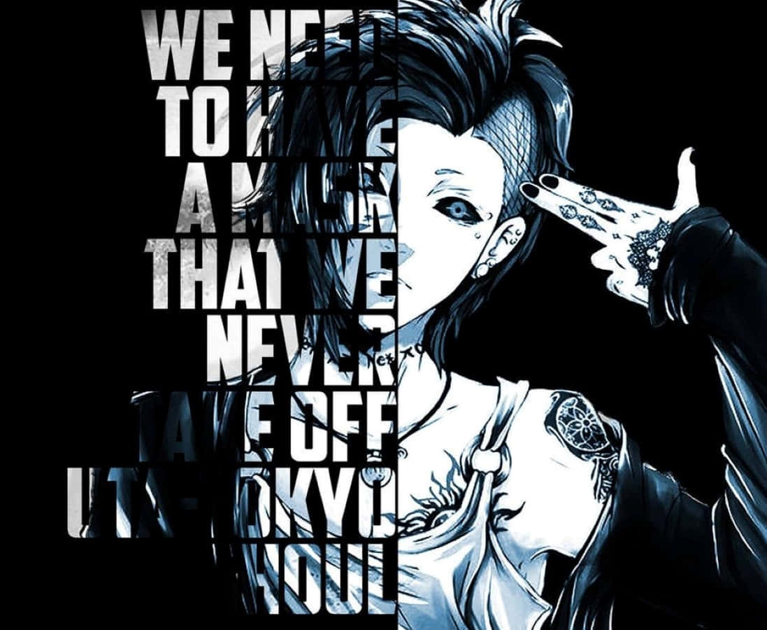 Tokyo Ghoul Uta 桌布 壁紙 — 一個風格化的動漫角色，帶有紋身和和平手勢，背景為黑色並有粗體白色文字。