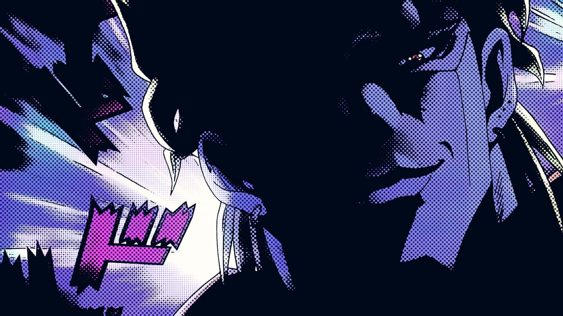 Dio Brando 桌布 壁紙 — 一個風格化的動漫角色，帶有銳利的紫色和藍色色調及半色調點，在一個戲劇性的漫畫面板中與一個陰影人物對峙。