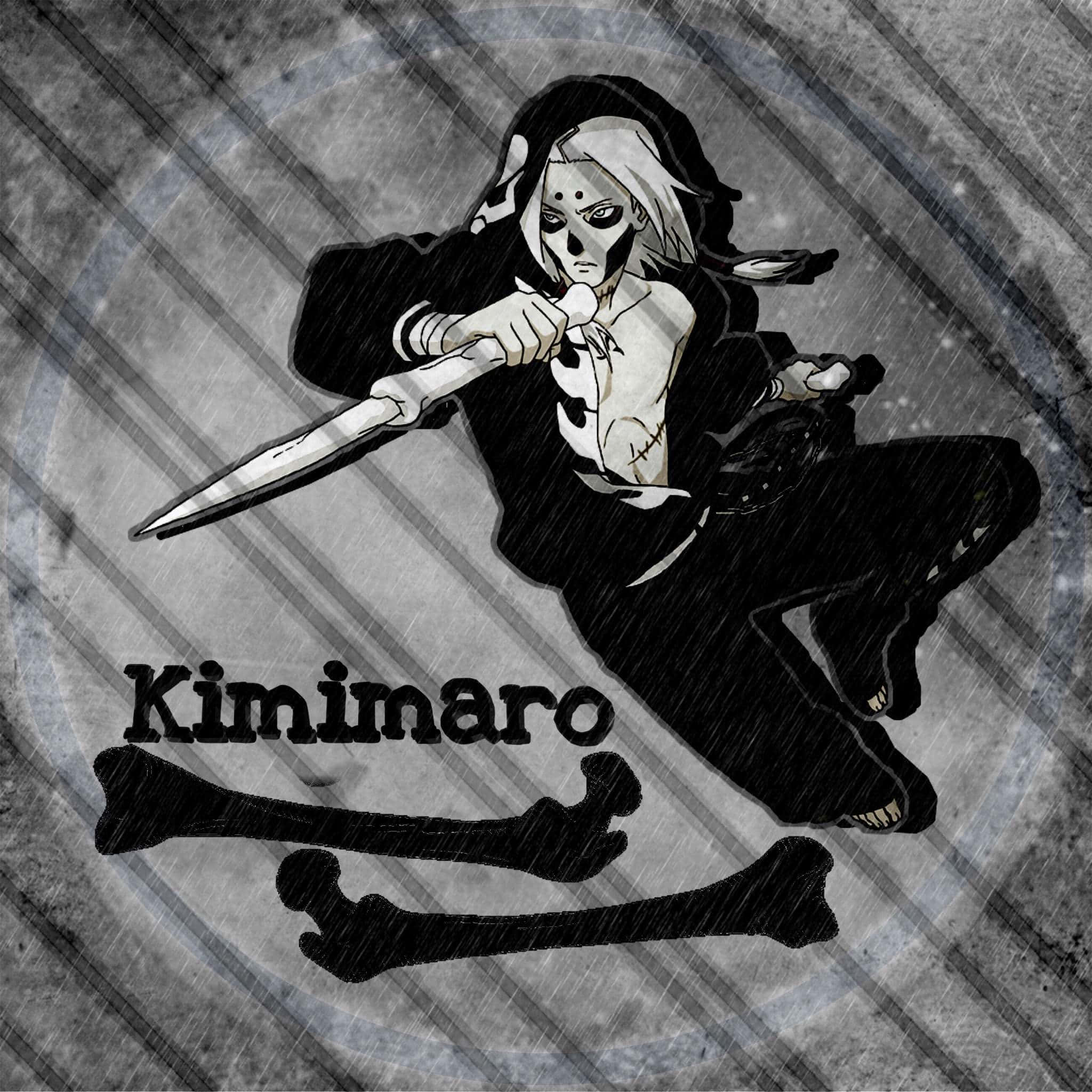 Kimimaro 桌布 壁紙 — 一個風格化的動漫角色，帶有骨骼特徵，在陰暗的雨景背景中揮舞著骨匕首。