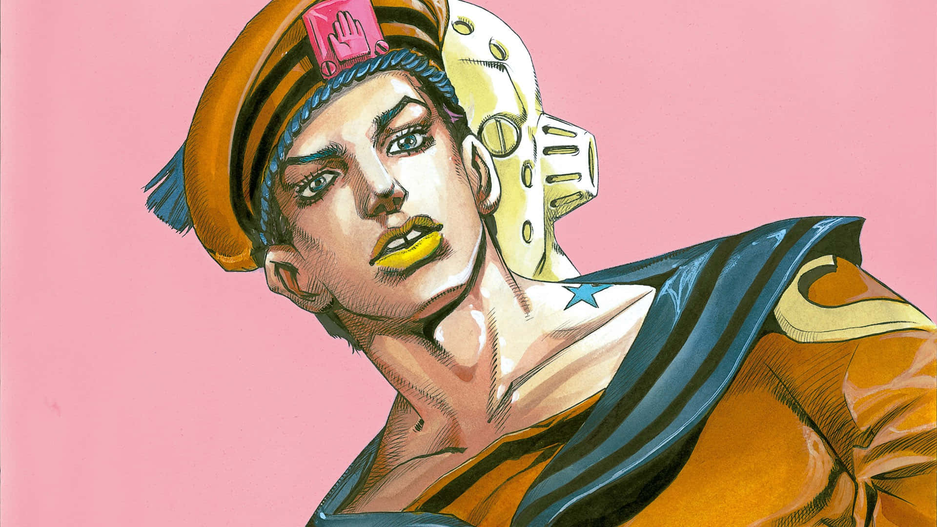 Jojolion 桌布 壁紙 — 一個風格化的動漫角色，帶有黃色星星紋身和金色頭盔，背景是柔和的粉紅色。