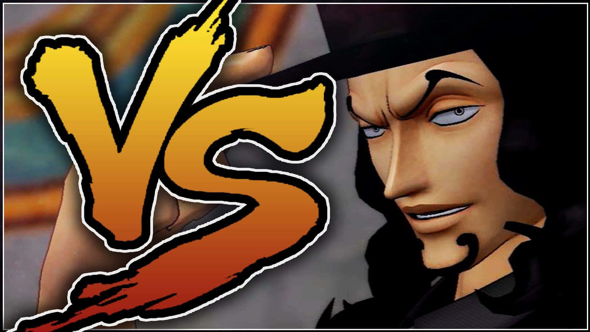 Rob Lucci 桌布 壁紙 — 一個風格化的動漫角色，帶著冷笑和高帽，面對一個大膽的黃橙色「VS」圖形。