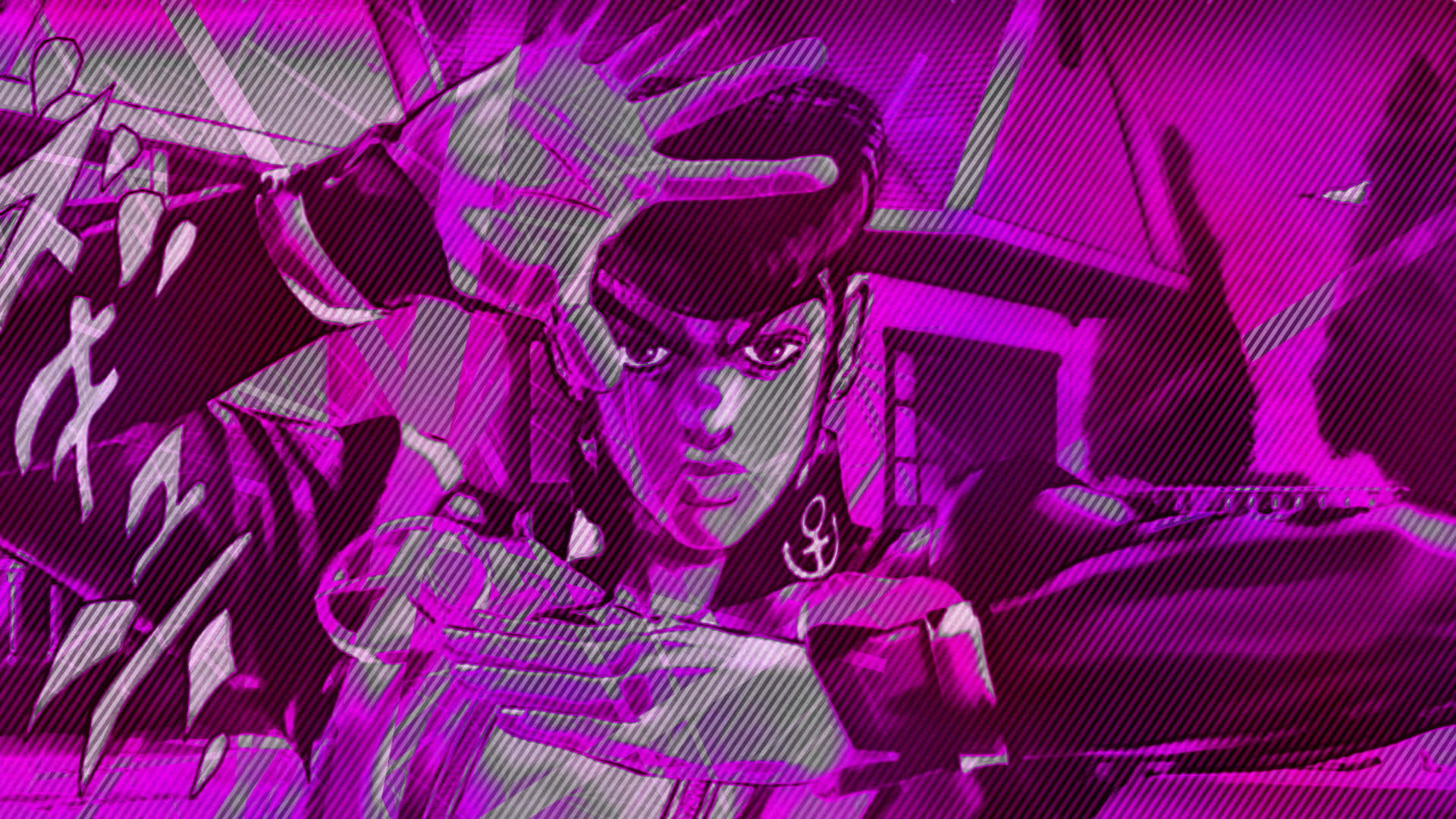 Josuke Higashikata 桌布 壁紙 — 一個風格化的動漫角色，帶著堅定的表情和動態姿勢，背景是充滿活力的紫色和對角線。