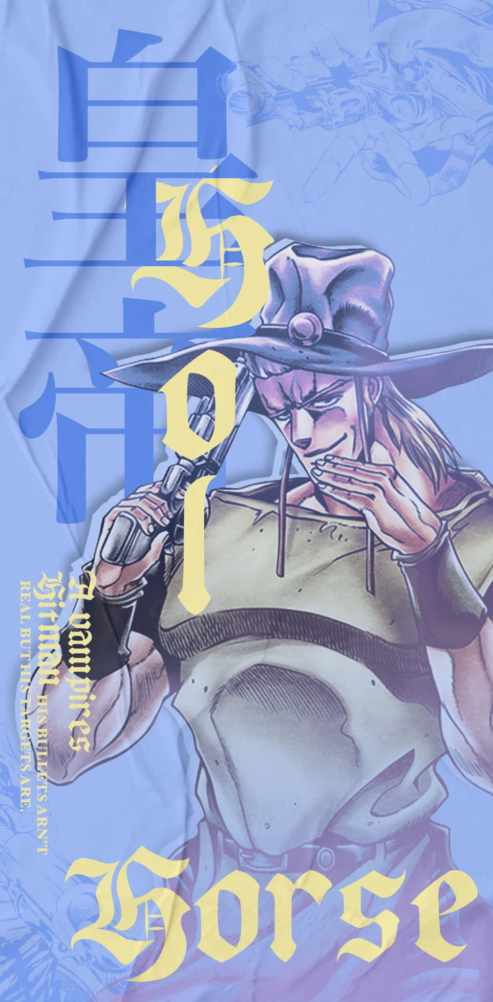 Hol Horse 桌布 壁紙 — 一個風格化的動漫角色，戴著寬邊帽，臉部像骷髏，在藍色背景上拿著左輪手槍，背景有大型黃色文字。