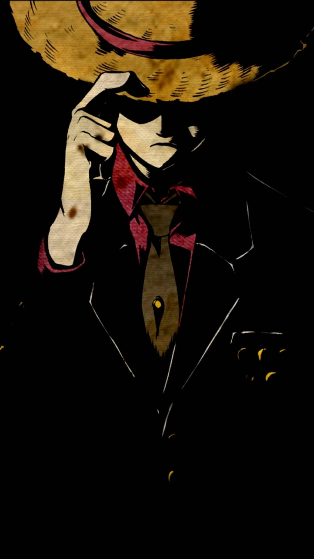 Luffy Aesthetic 桌布 壁紙 — 一個風格化的動漫角色，戴著寬邊帽和西裝，在黑暗背景下調整太陽眼鏡。