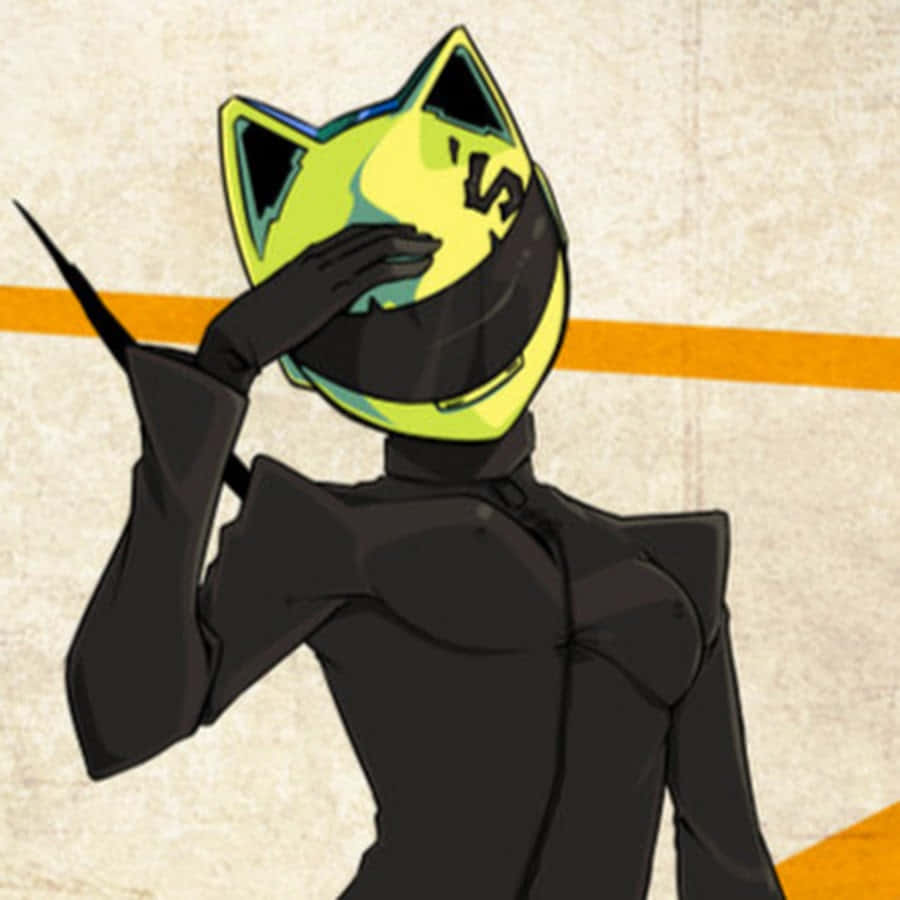 Celty Sturluson 桌布 壁紙 — 一個風格化的動漫角色，戴著帶有黑色標記的亮綠色貓頭盔和黑色套裝，手持鋒利刀刃，同時遮住臉部。