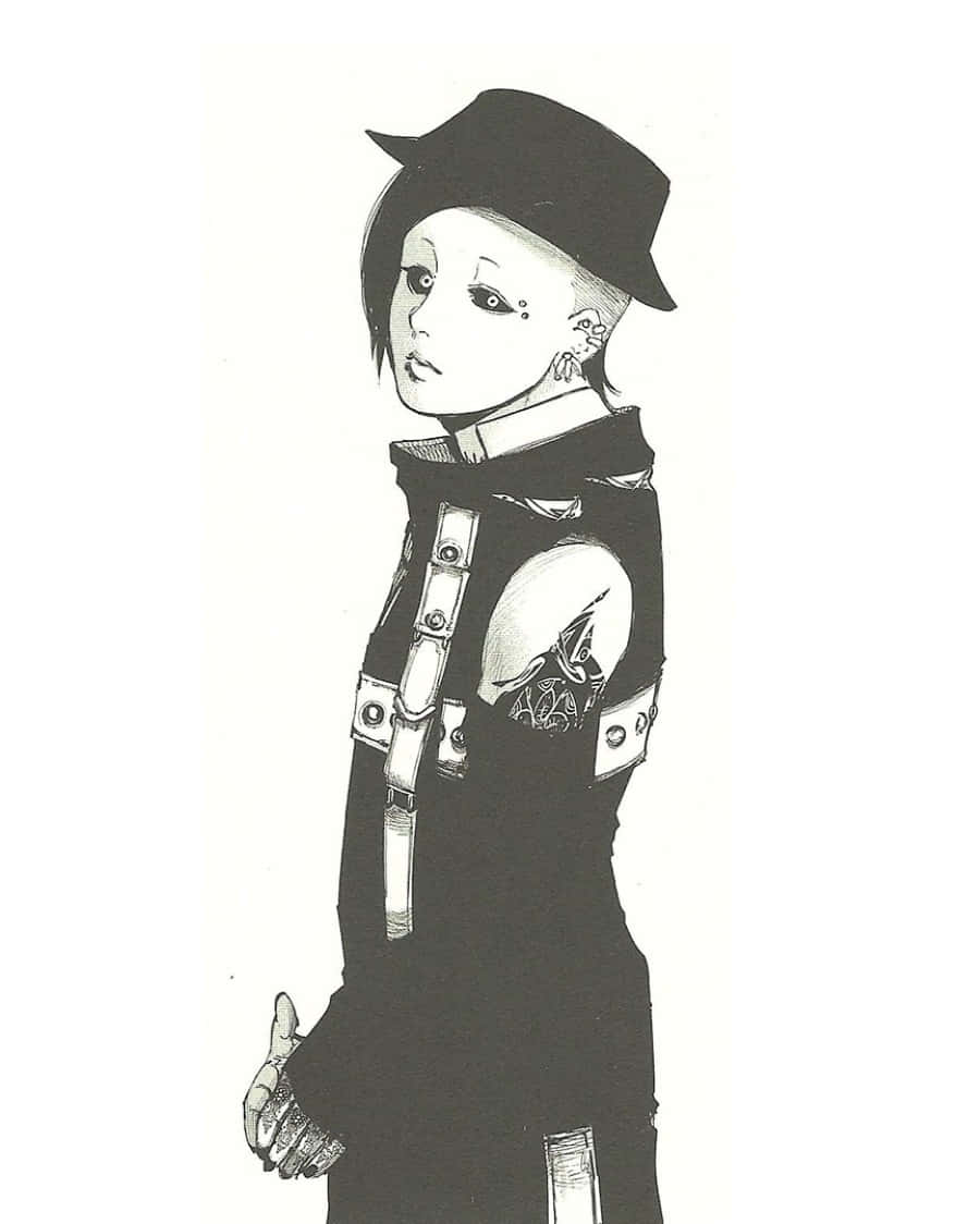 Tokyo Ghoul Uta 桌布 壁紙 — 一個風格化的動漫角色，戴著帽子，手臂上有紋身，站在一幅線條銳利、陰影戲劇性的黑白插圖中。