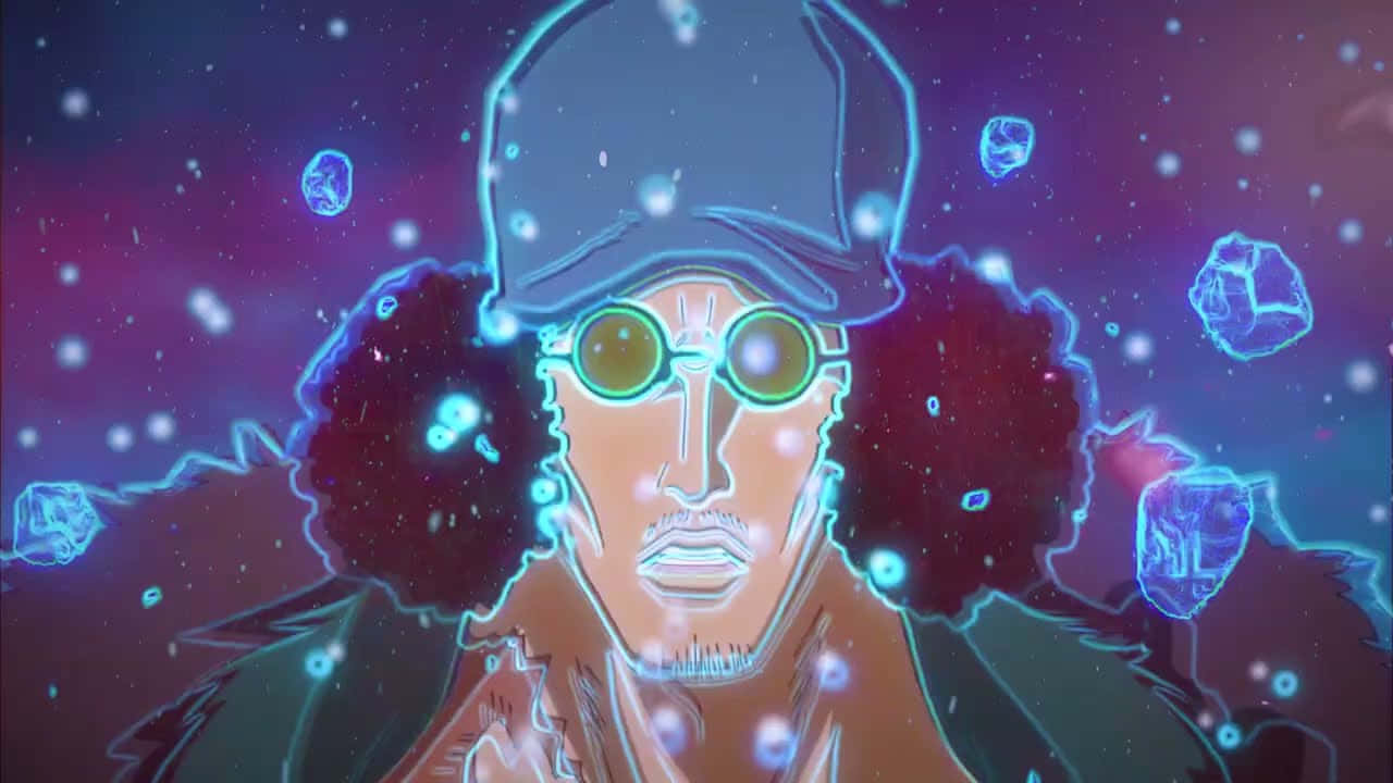 Aokiji 桌布 壁紙 — 一個風格化的動漫角色，戴著發光的綠色護目鏡和非洲式頭髮，站在漂浮的藍色水晶之間，背景是宇宙紫色和藍色。