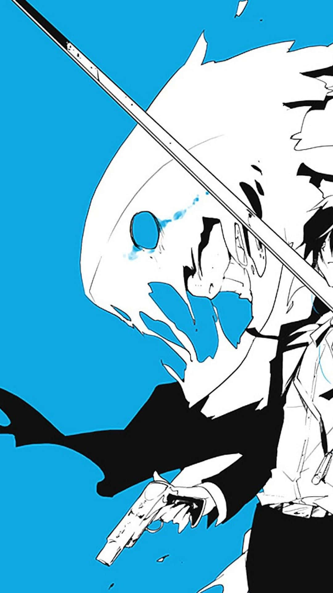 Persona 3 iOS 3 壁紙 — 一個風格化的動漫角色，戴著白色面具和藍色眼淚，在充滿活力的藍色背景前拿著槍。
