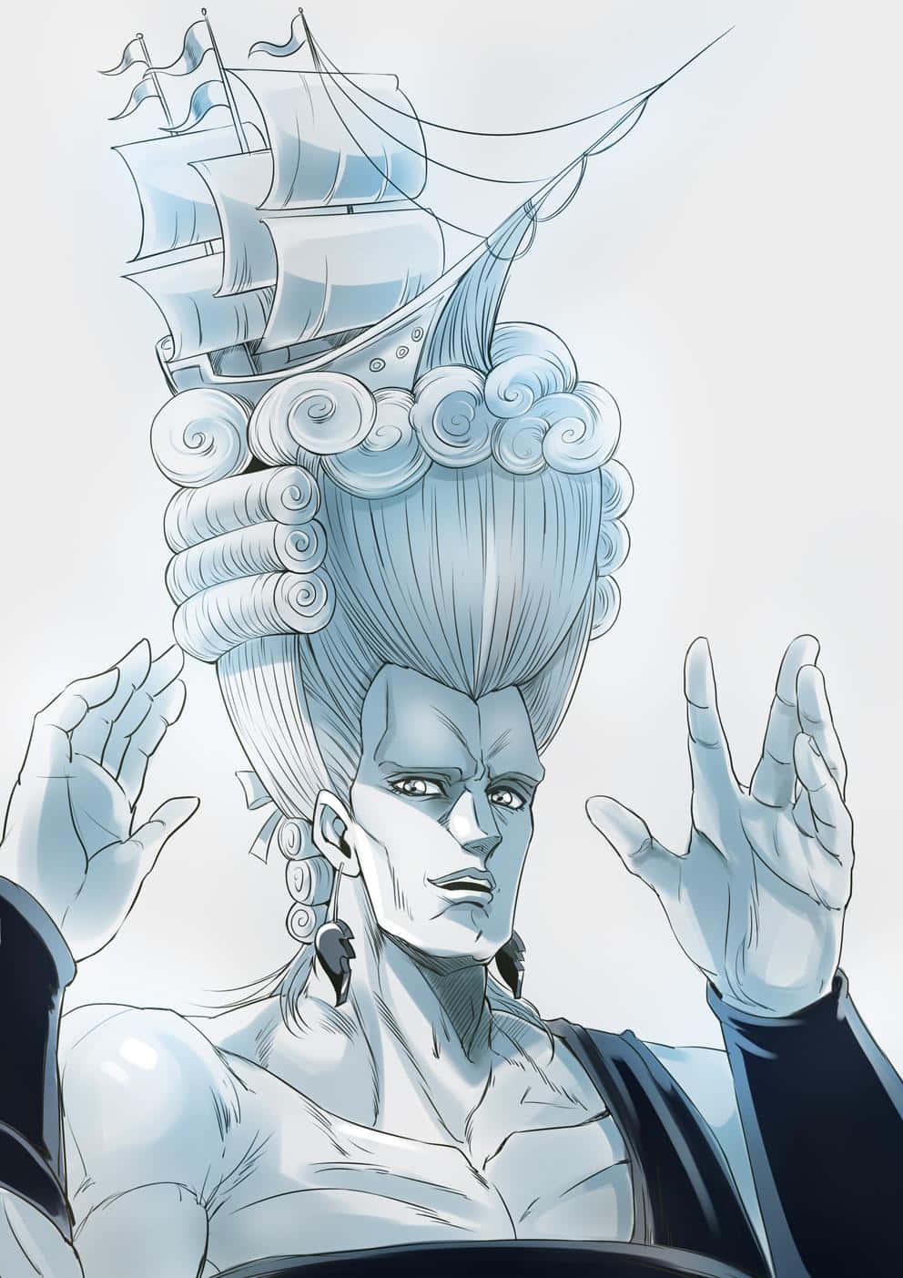 Jean Pierre Polnareff 桌布 壁紙 — 一個風格化的動漫角色，戴著精緻的藍色假髮，頂部有一個詳細的帆船。