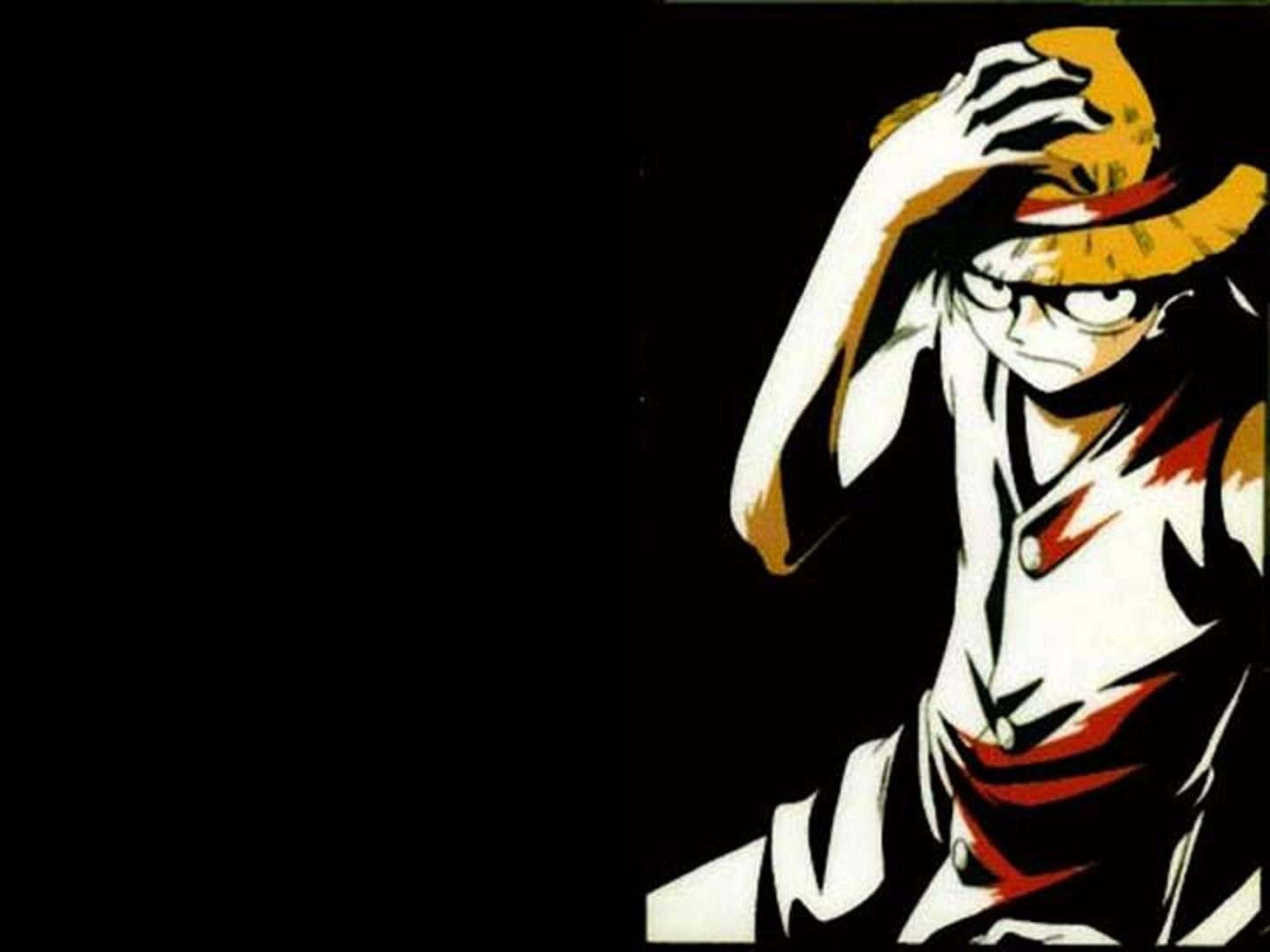 One Piece Characters 桌布 壁紙 — 一個風格化的動漫角色，戴著草帽和紅色背心，在純黑背景前調整帽子。