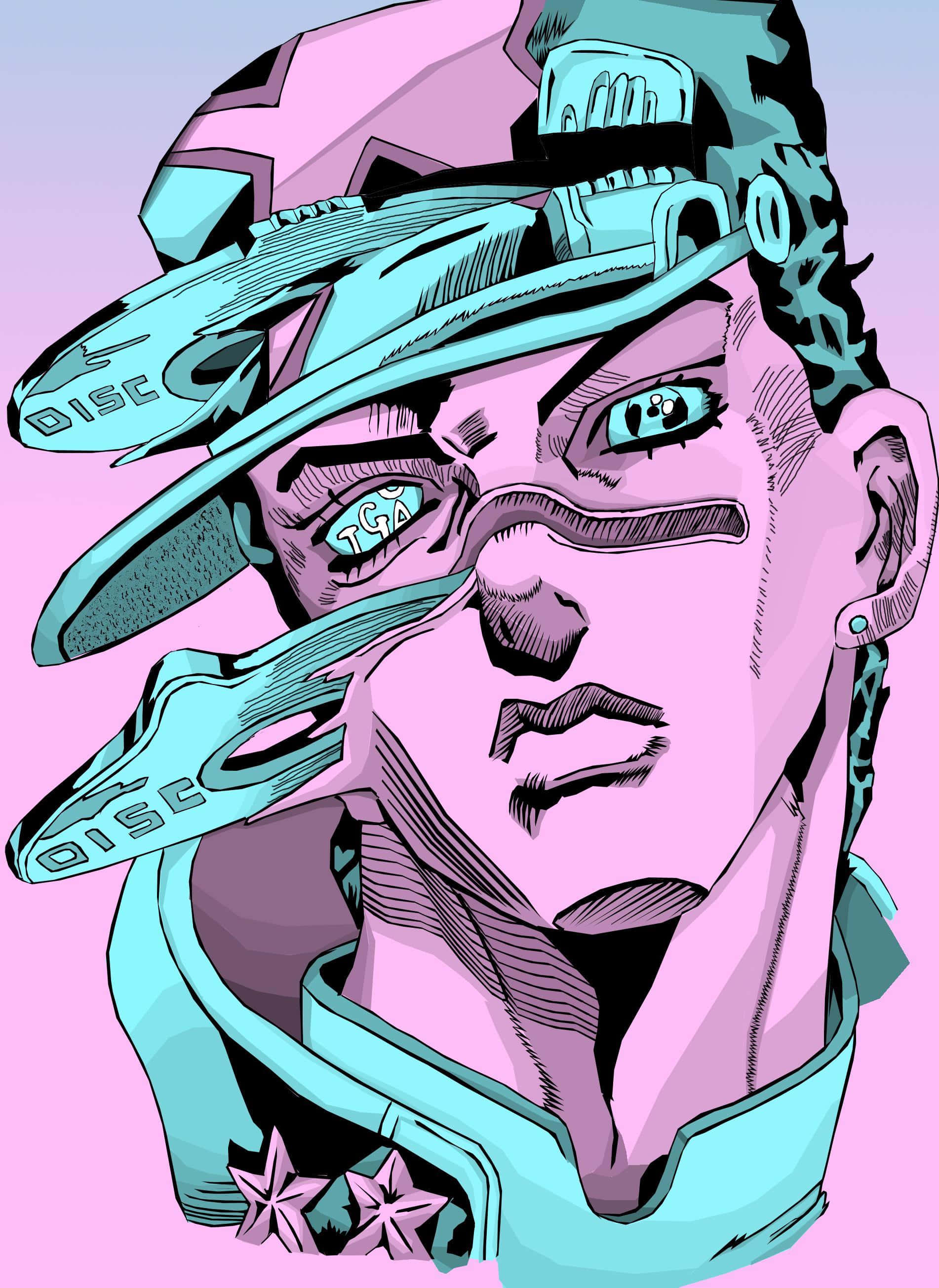 Jojo Meme 桌布 壁紙 — 一個風格化的動漫角色，戴著藍綠色帽子和星形耳環，背景為粉紅色。