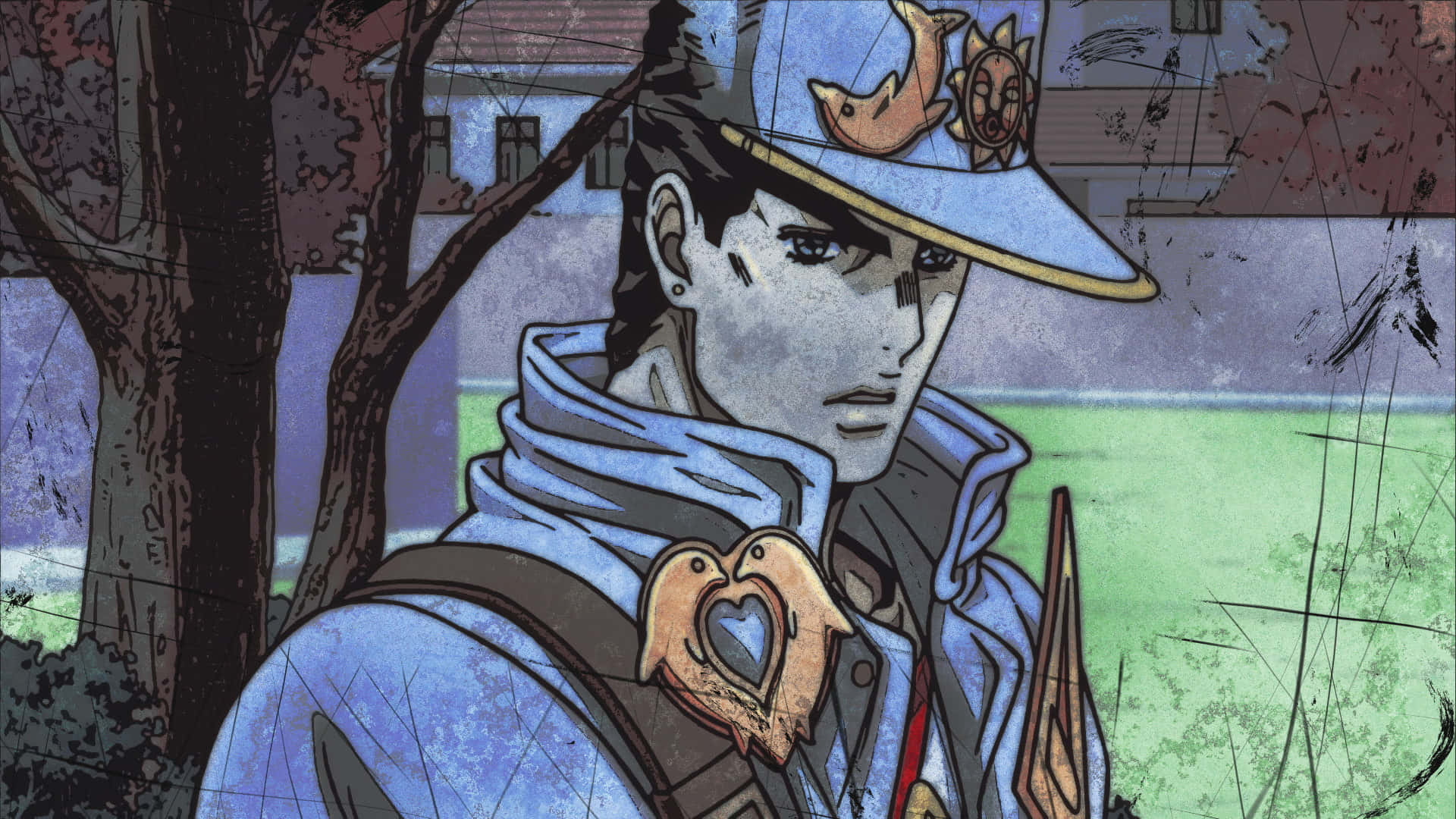 Jotaro Kujo 桌布 壁紙 — 一個風格化的動漫角色，戴著藍色帽子和心形吊墜，站在郊區庭院的樹下。