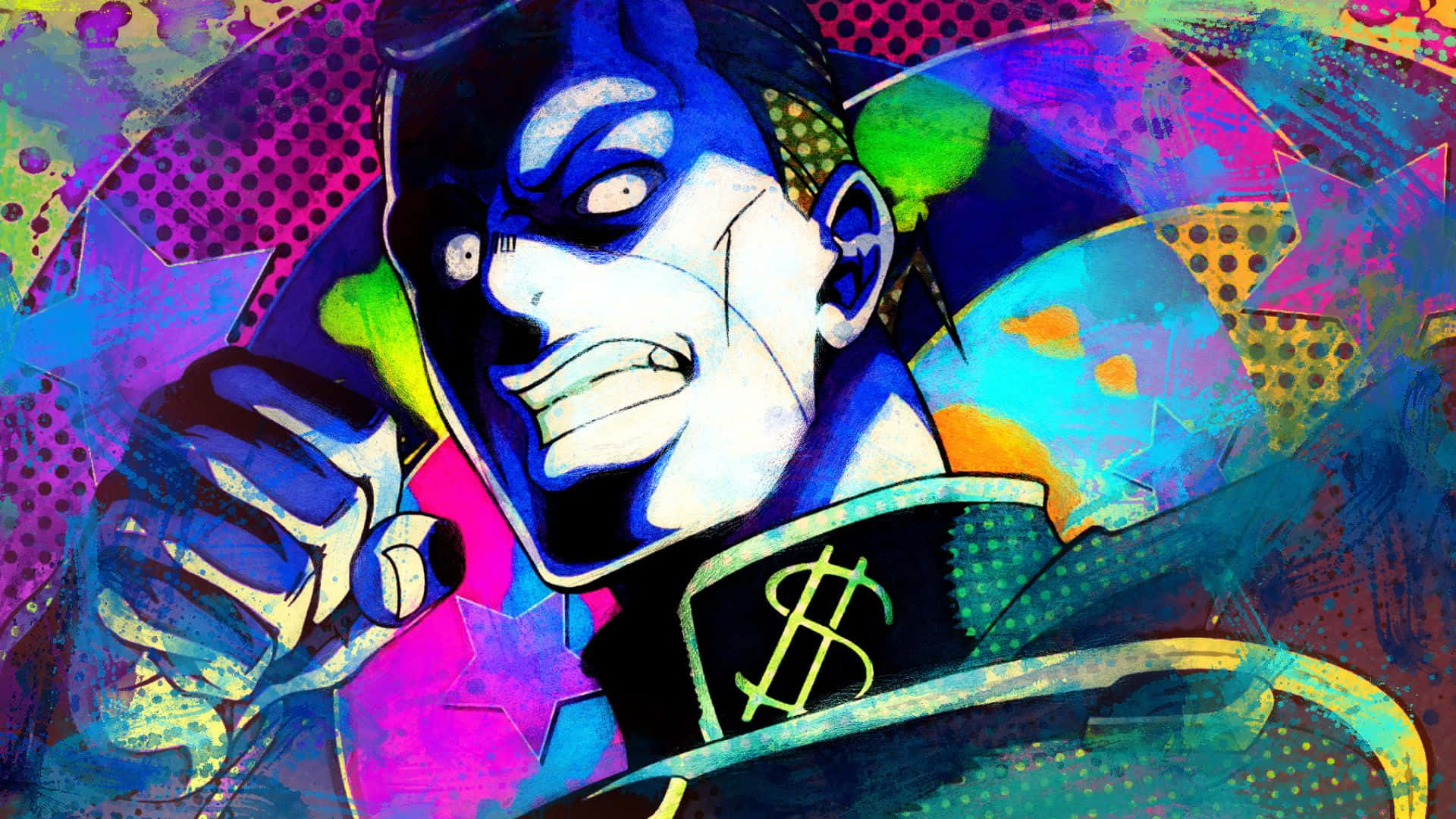 Okuyasu Nijimura 桌布 壁紙 — 一個風格化的動漫角色，戴著藍色面具和美元符號領子，背景是充滿活力的抽象圖案。