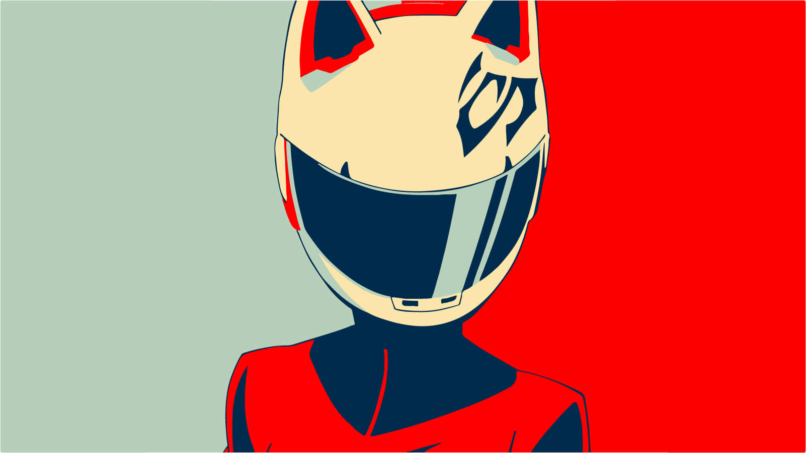 Celty Sturluson 桌布 壁紙 — 一個風格化的動漫角色，戴著貓耳賽車頭盔，背景為紅和青綠色的分割設計。
