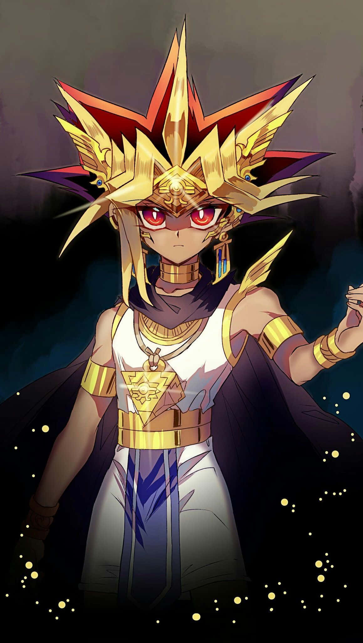 Pharaoh Atem 桌布 壁紙 — 一個風格化的動漫角色，戴著金色尖刺頭飾，紅色的眼睛和發光的粒子，站在黑暗的背景前。