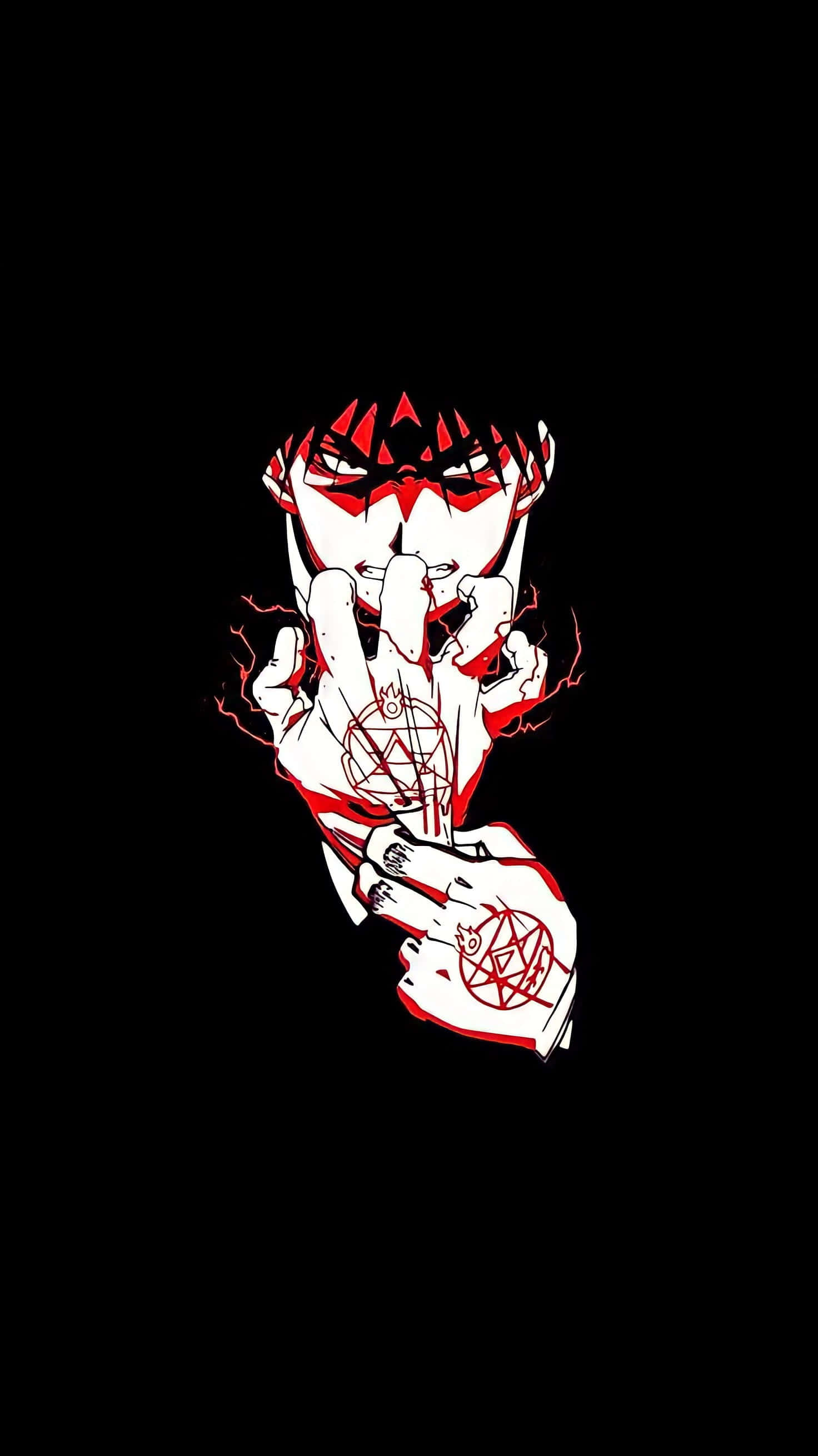 Roy Mustang 桌布 壁紙 — 一個風格化的動漫角色，手上帶有紅色標記和五角星紋身，在黑色背景前做出手勢。