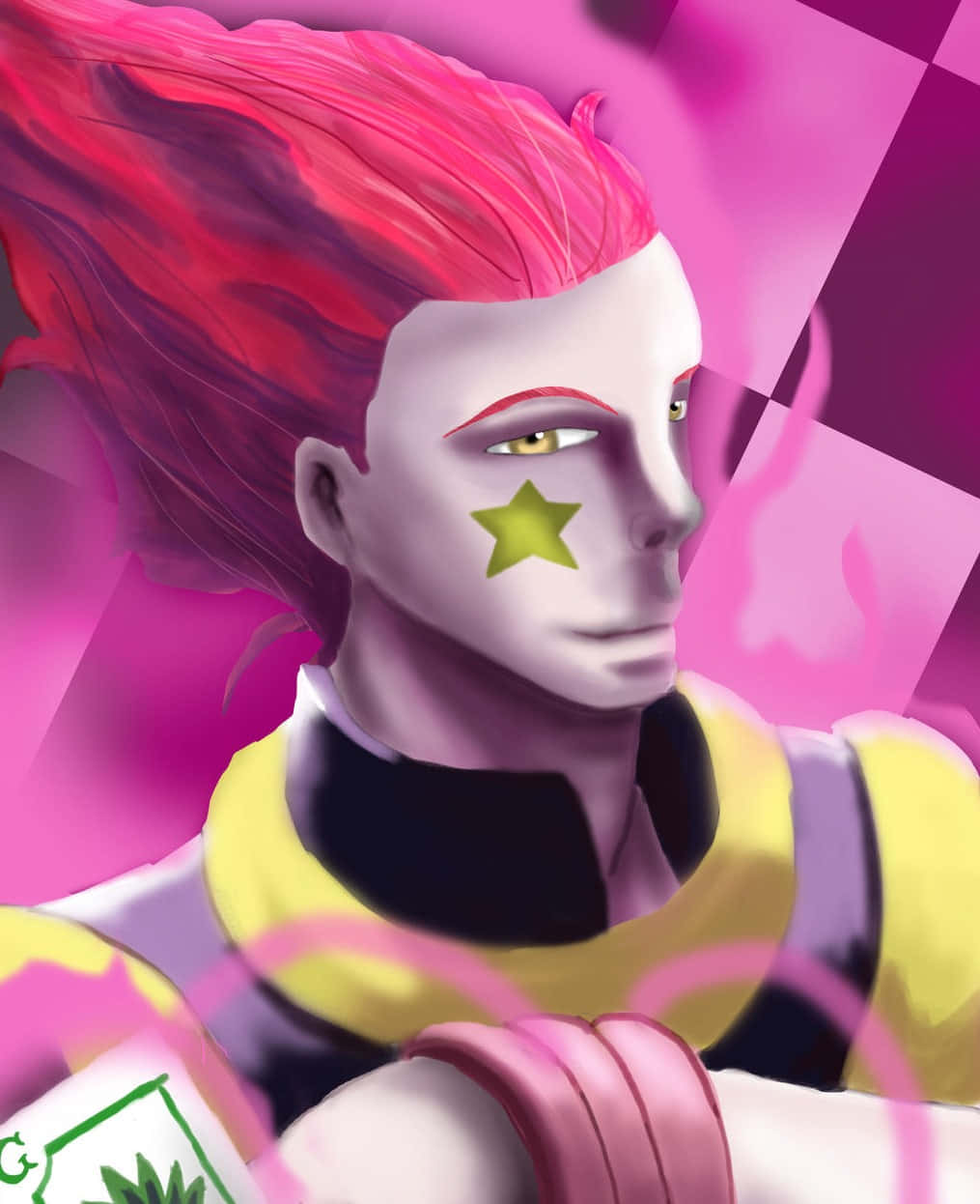 hisoka 桌布 壁紙 — 一個風格化的動漫角色，擁有充滿活力的粉紅色頭髮和臉頰上的綠色星星，背景是動態的粉紅色。