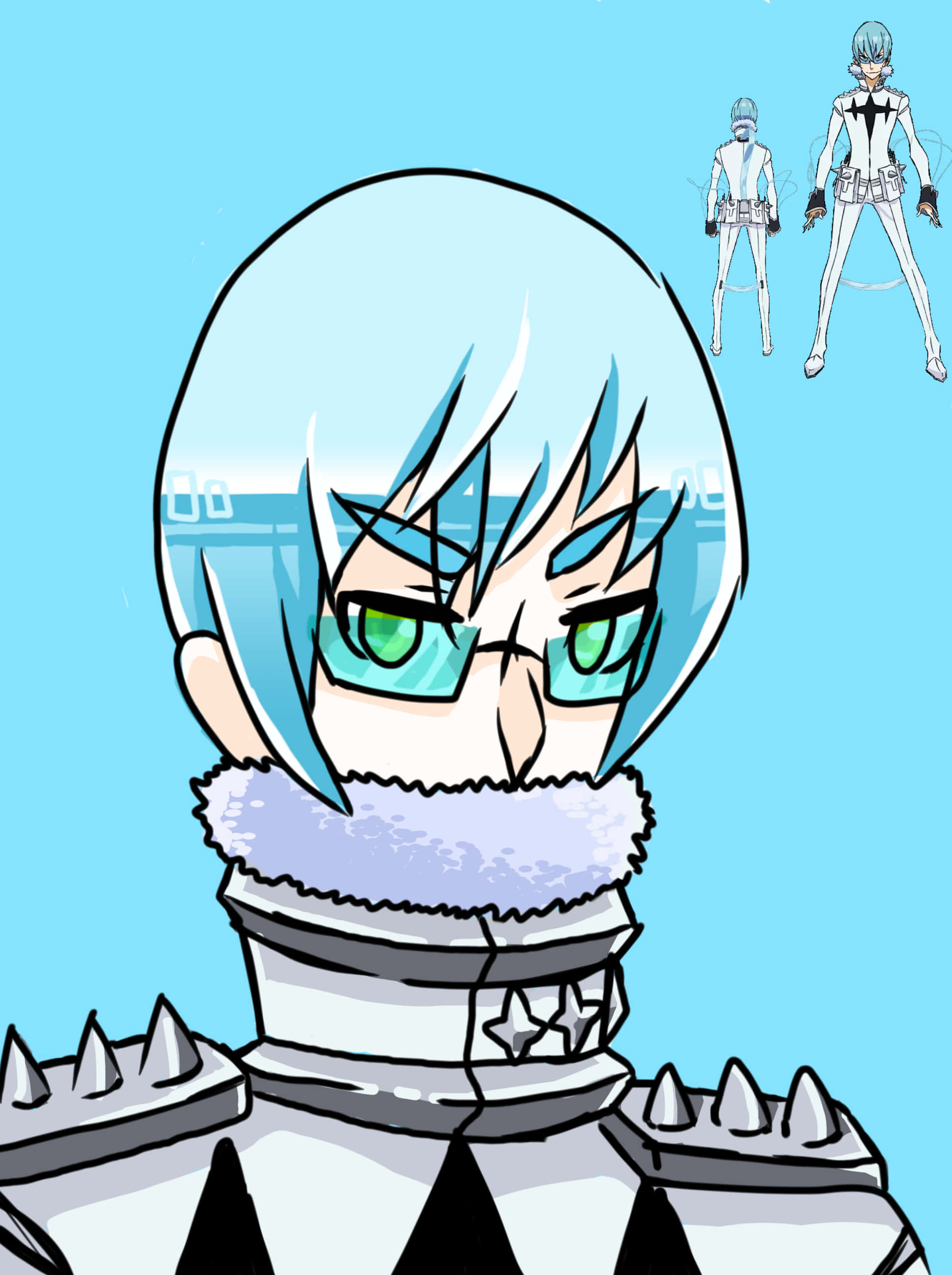 Houka Inumuta 桌布 壁紙 — 一個風格化的動漫角色，擁有冰藍色頭髮和綠色眼睛，穿著帶刺的盔甲服裝，背景為純藍色。