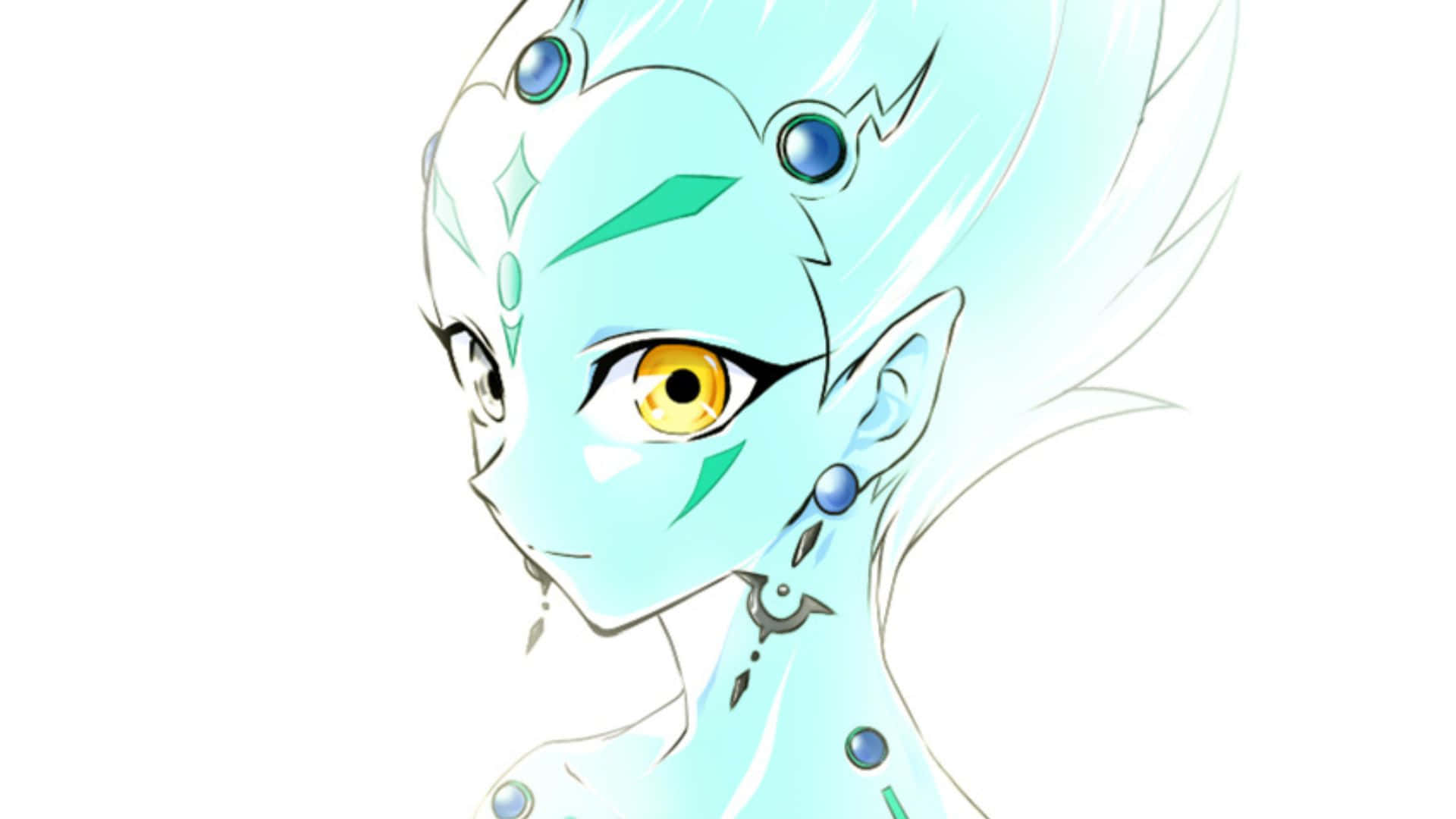 Yu-gi-oh Astral 桌布 壁紙 — 一個風格化的動漫角色，擁有冰藍色皮膚、金色眼睛和飄逸的頭髮，飾有寶石般的配飾。