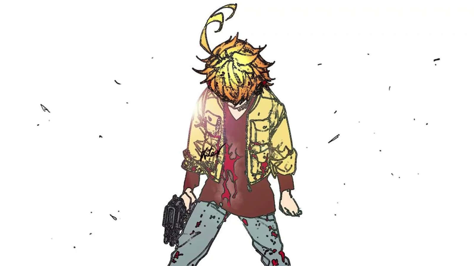 The Promised Neverland Emma 桌布 壁紙 — 一個風格化的動漫角色，擁有凌亂的金色頭髮和角，手持沾滿血跡的槍，在純白背景上向前走。