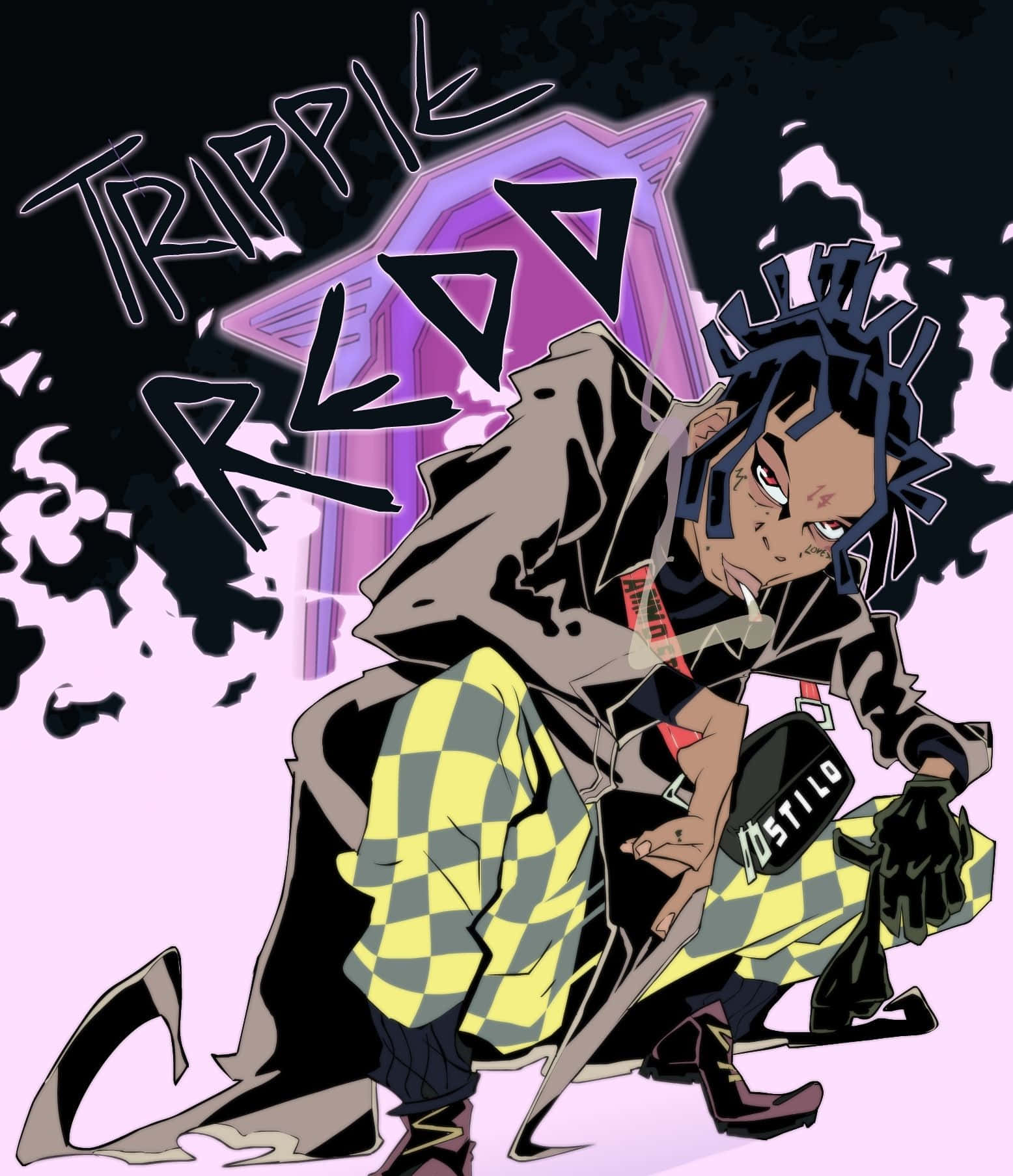 Ynw Melly Cartoon 桌布 壁紙 — 一個風格化的動漫角色，擁有尖刺的藍色頭髮和格仔服裝，在紫色星星和黑色煙霧背景下侵略性地蹲伏。
