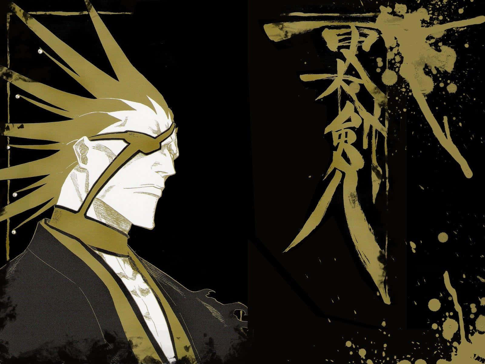 Kenpachi Zaraki 桌布 壁紙 — 一個風格化的動漫角色，擁有尖刺的白髮和金色點綴，側面站在黑色背景上，帶有粗體金色漢字。
