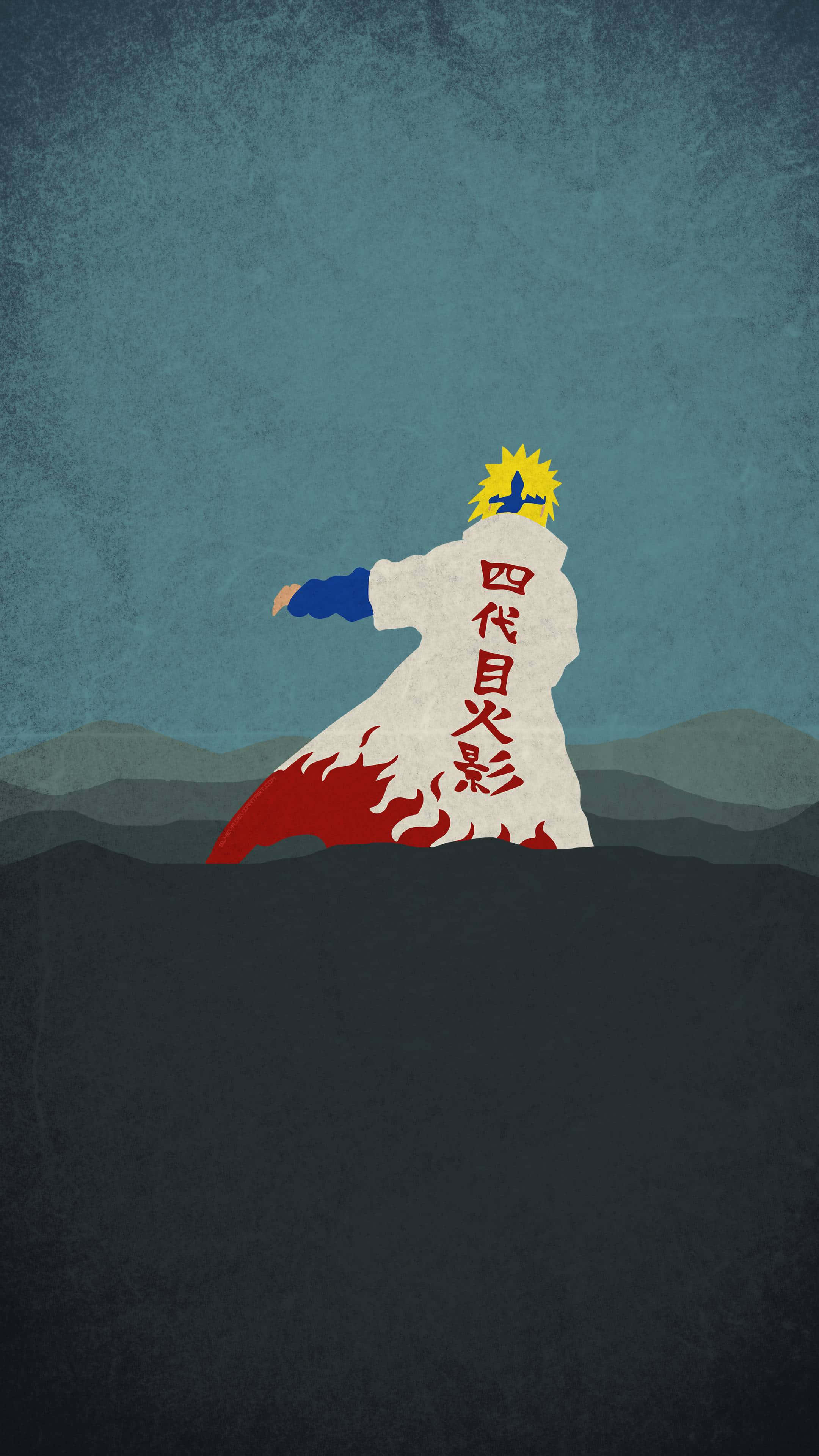 Fourth Hokage 桌布 壁紙 — 一個風格化的動漫角色，擁有尖刺的金色頭髮和白色長袍上的紅色火焰圖案，站在紋理化的藍灰色山脈背景前。