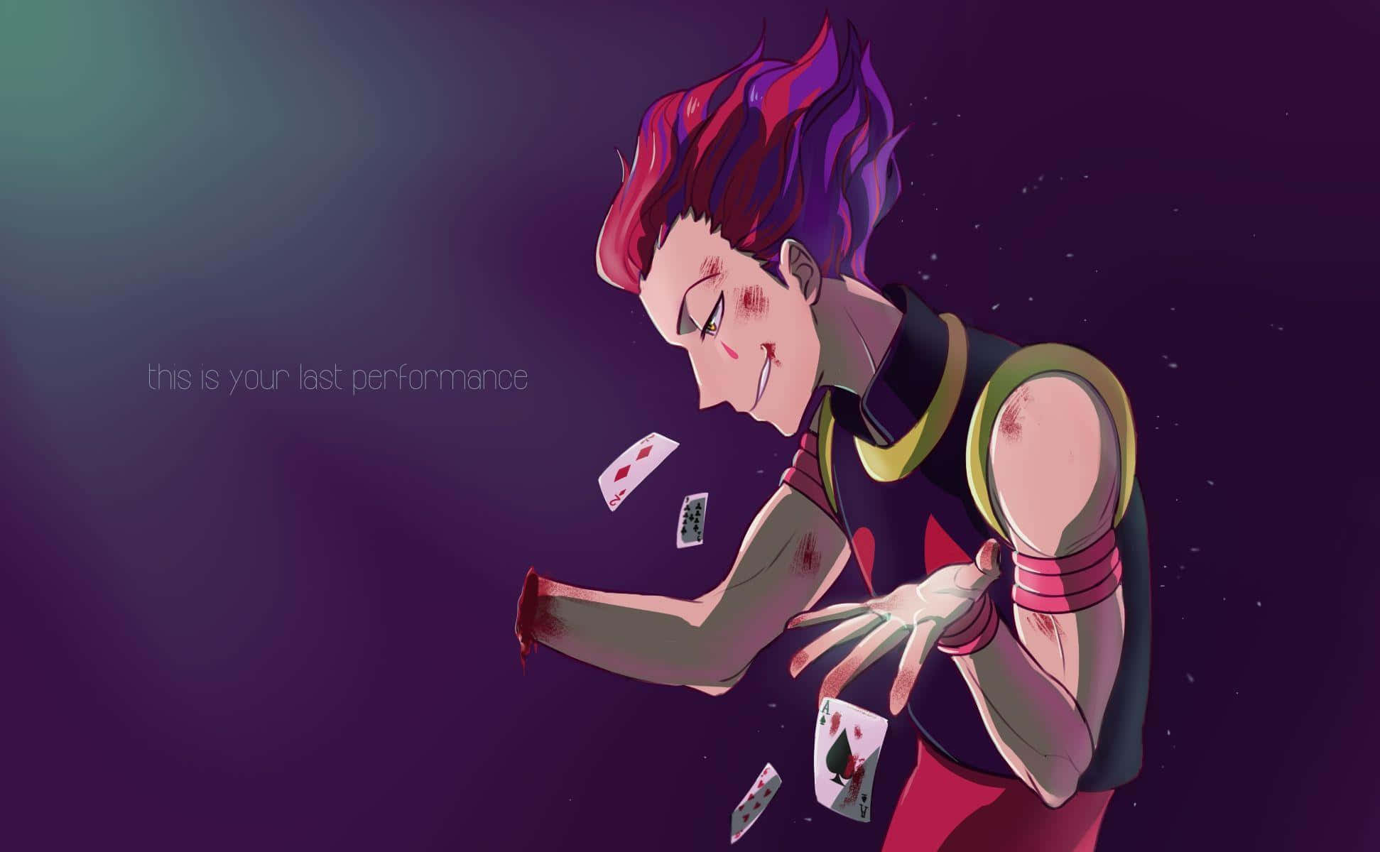 hisoka 桌布 壁紙 — 一個風格化的動漫角色，擁有尖刺的紅色和紫色頭髮，戲劇性地向深紫色漸變背景投擲撲克牌。