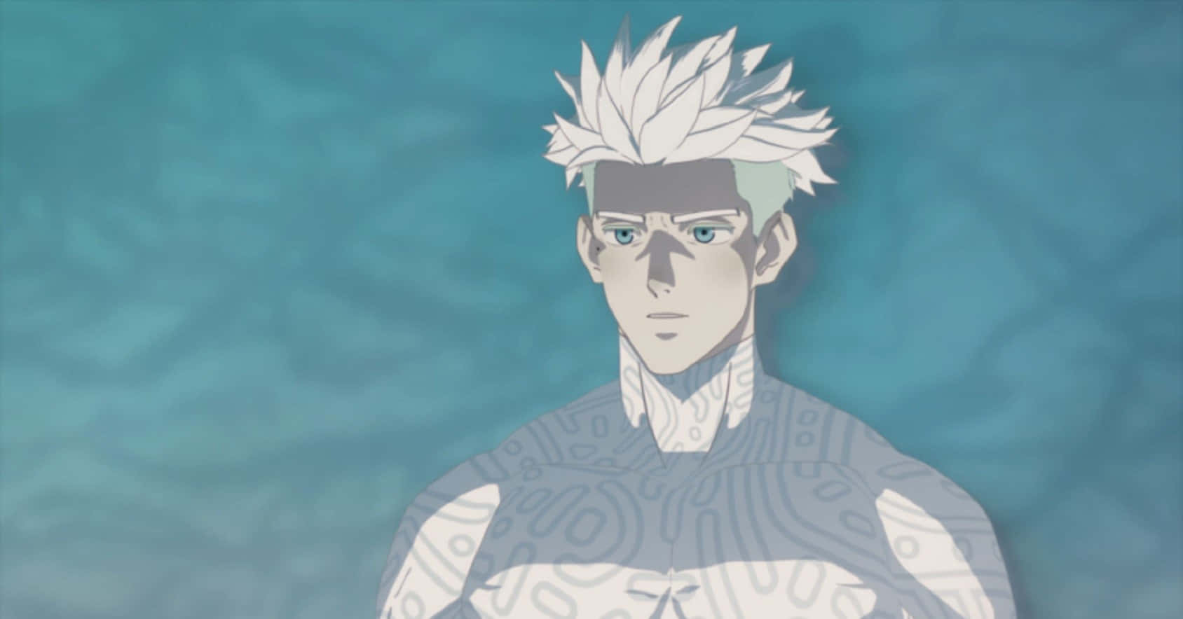 Trigun Millions Knives 桌布 壁紙 — 一個風格化的動漫角色，擁有尖刺的白髮和複雜的灰色紋身，站在帶有紋理的青綠色背景前。