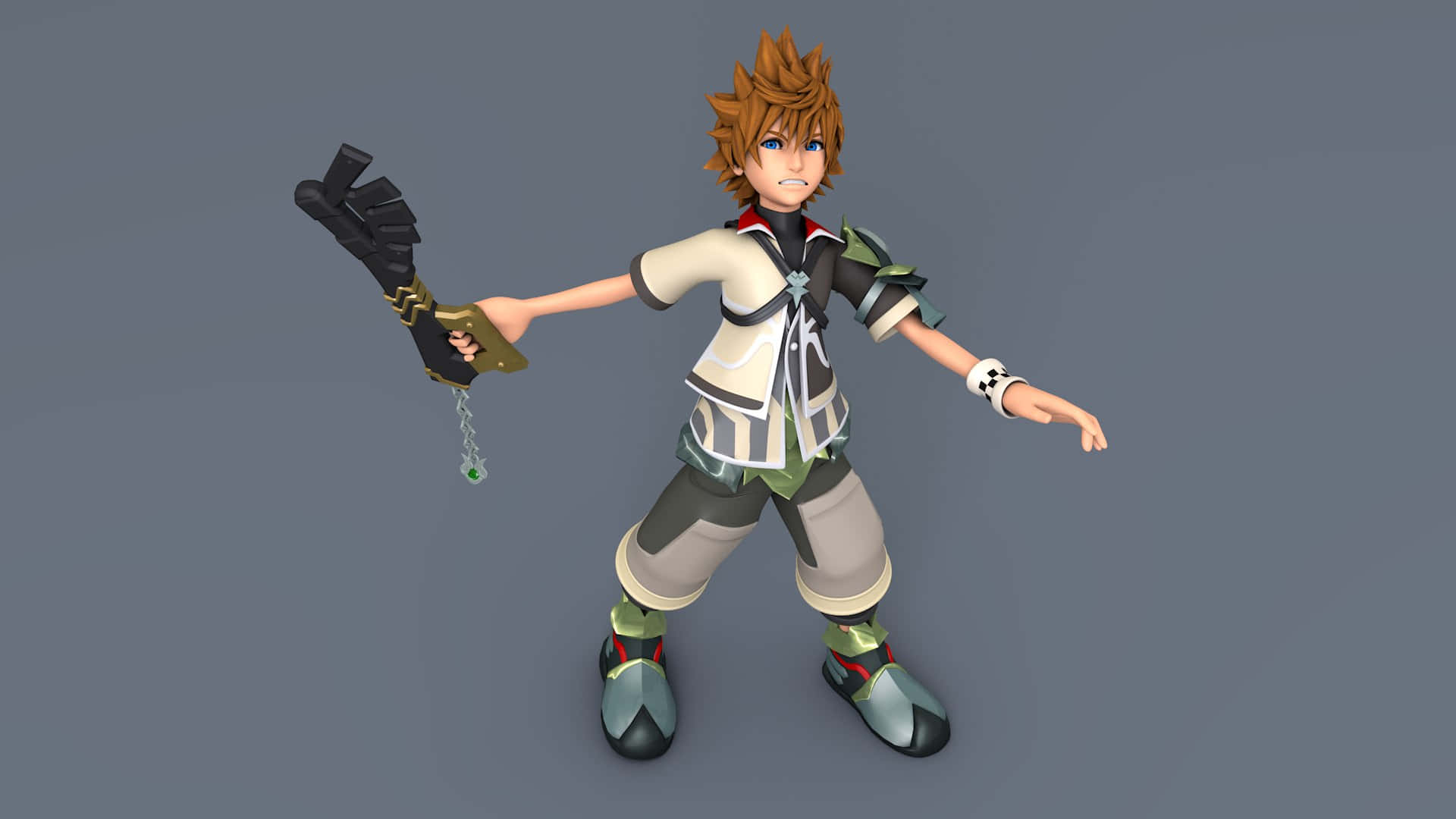 Kingdom Hearts Ventus 桌布 壁紙 — 一個風格化的動漫角色，擁有尖刺的棕色頭髮，在純灰色背景前揮舞著一把黑色和金色的鑰匙形武器。