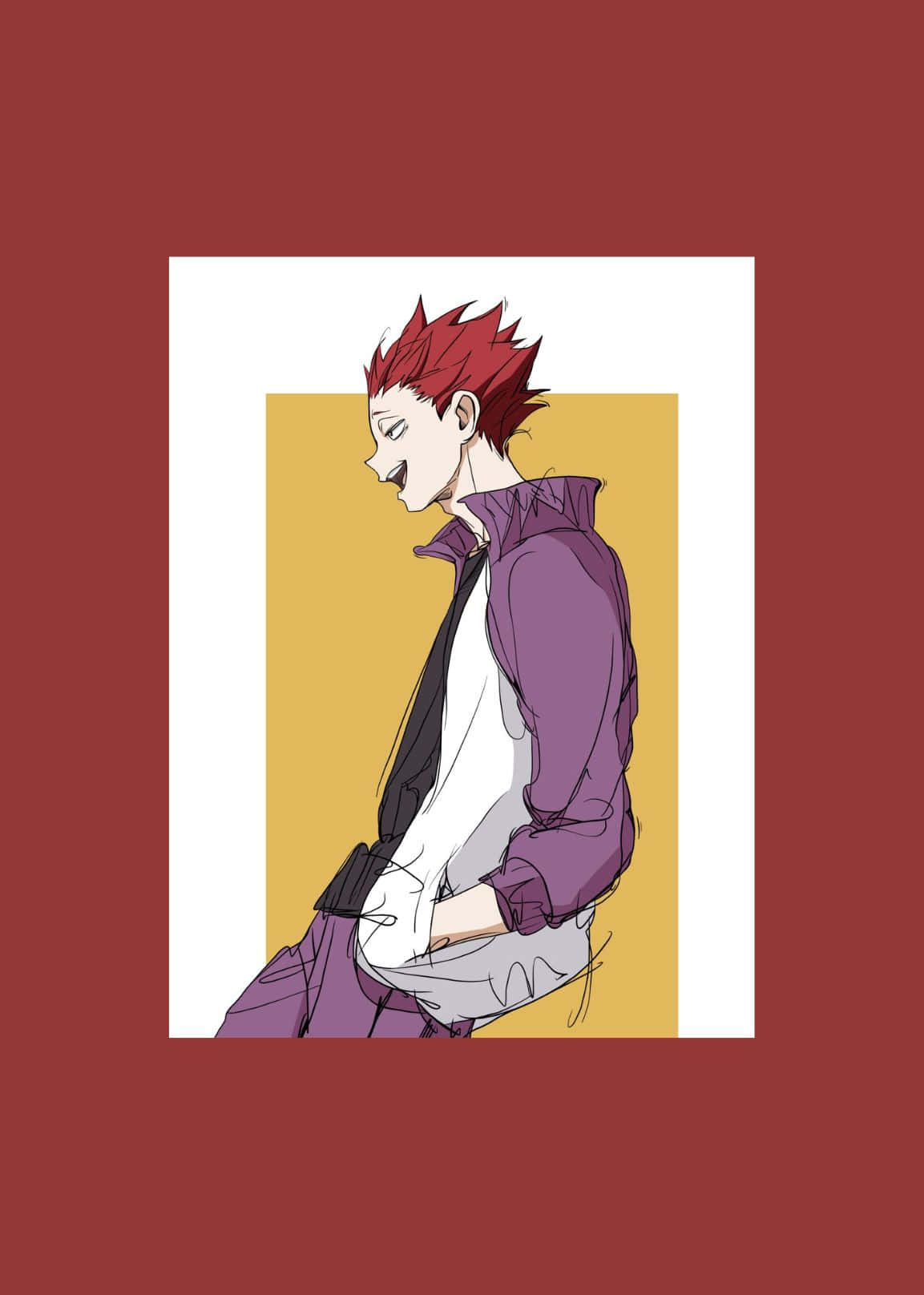 Tendo Satori 桌布 壁紙 — 一個風格化的動漫角色，擁有尖刺的紅髮和紫色外套，側面站立在芥末黃色背景前，背景由白色和栗色框住。