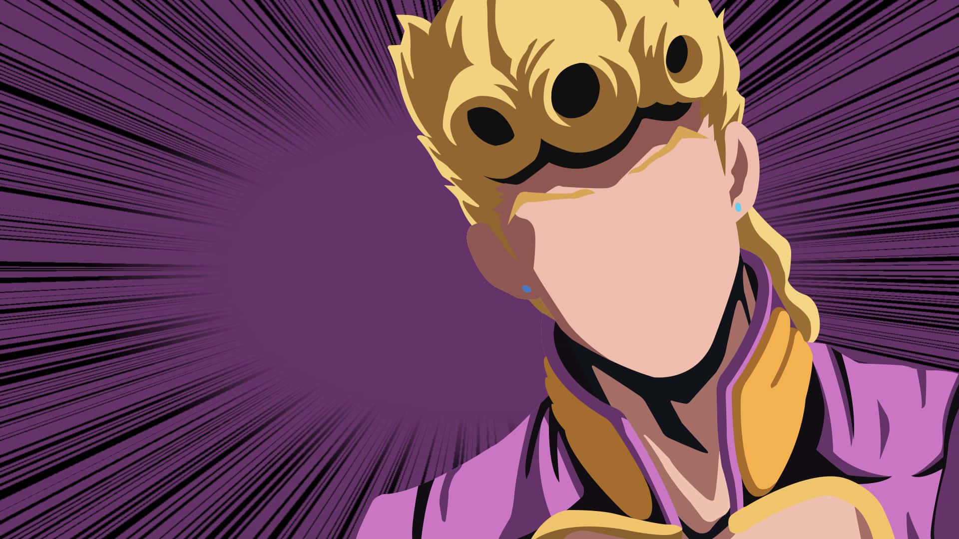 Jojo Meme 桌布 壁紙 — 一個風格化的動漫角色，擁有尖刺金髮和紫色服裝，站在充滿動感的紫色背景前，背景有放射狀黑色線條。