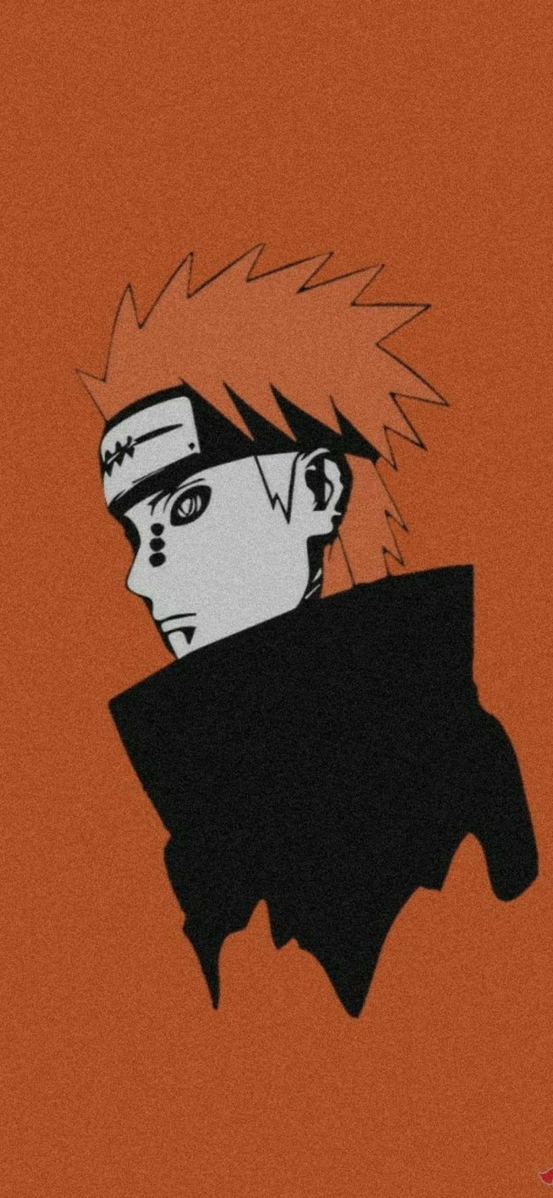 Akatsuki Poster 桌布 壁紙 — 一個風格化的動漫角色，擁有尖刺頭髮和頭帶，從黑色剪影中浮現，背景是帶有紋理的橙色。