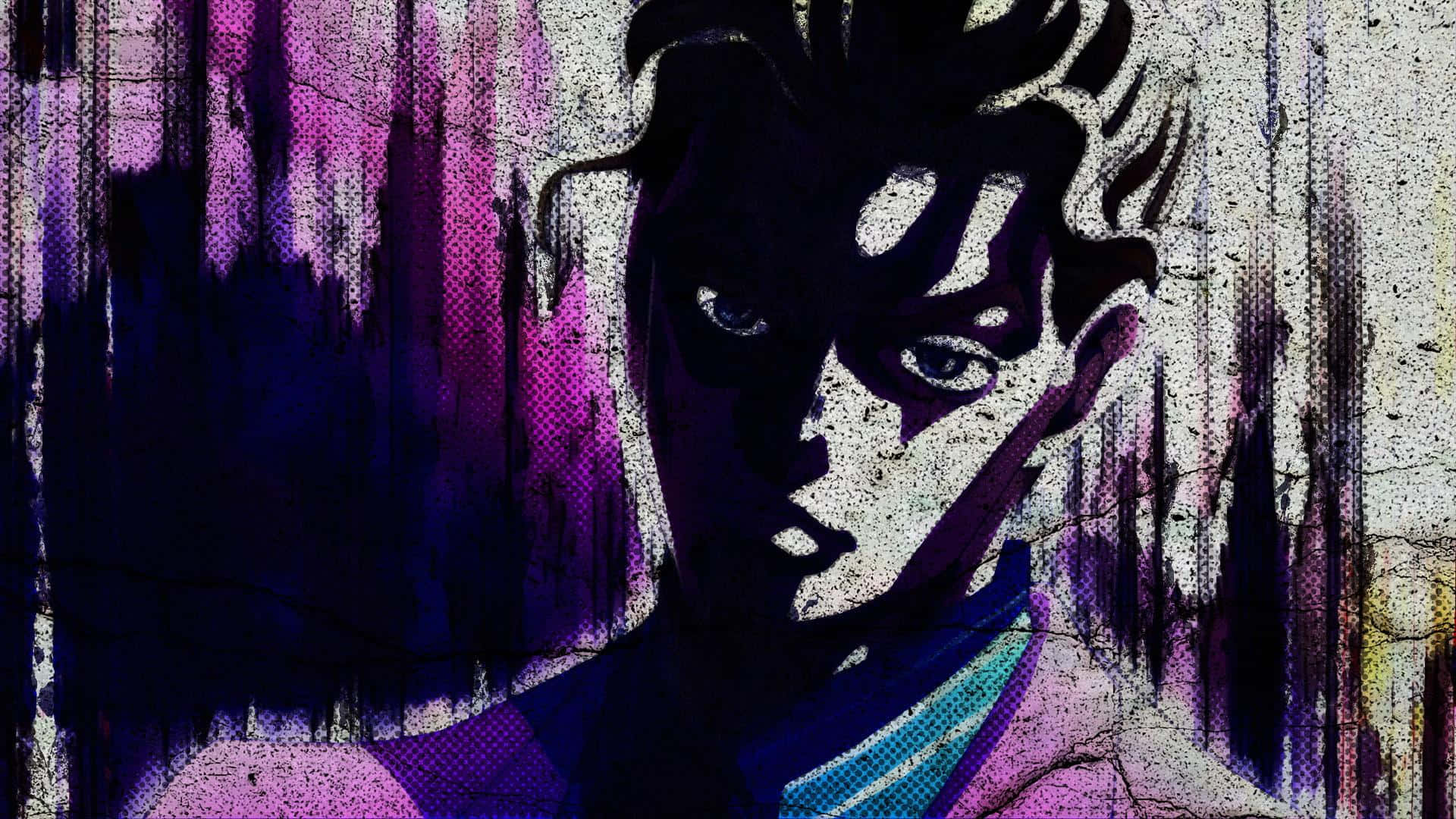 Kira Yoshikage 桌布 壁紙 — 一個風格化的動漫角色，擁有尖刺頭髮和銳利眼神，背景為粗糙的紫色和白色紋理背景。