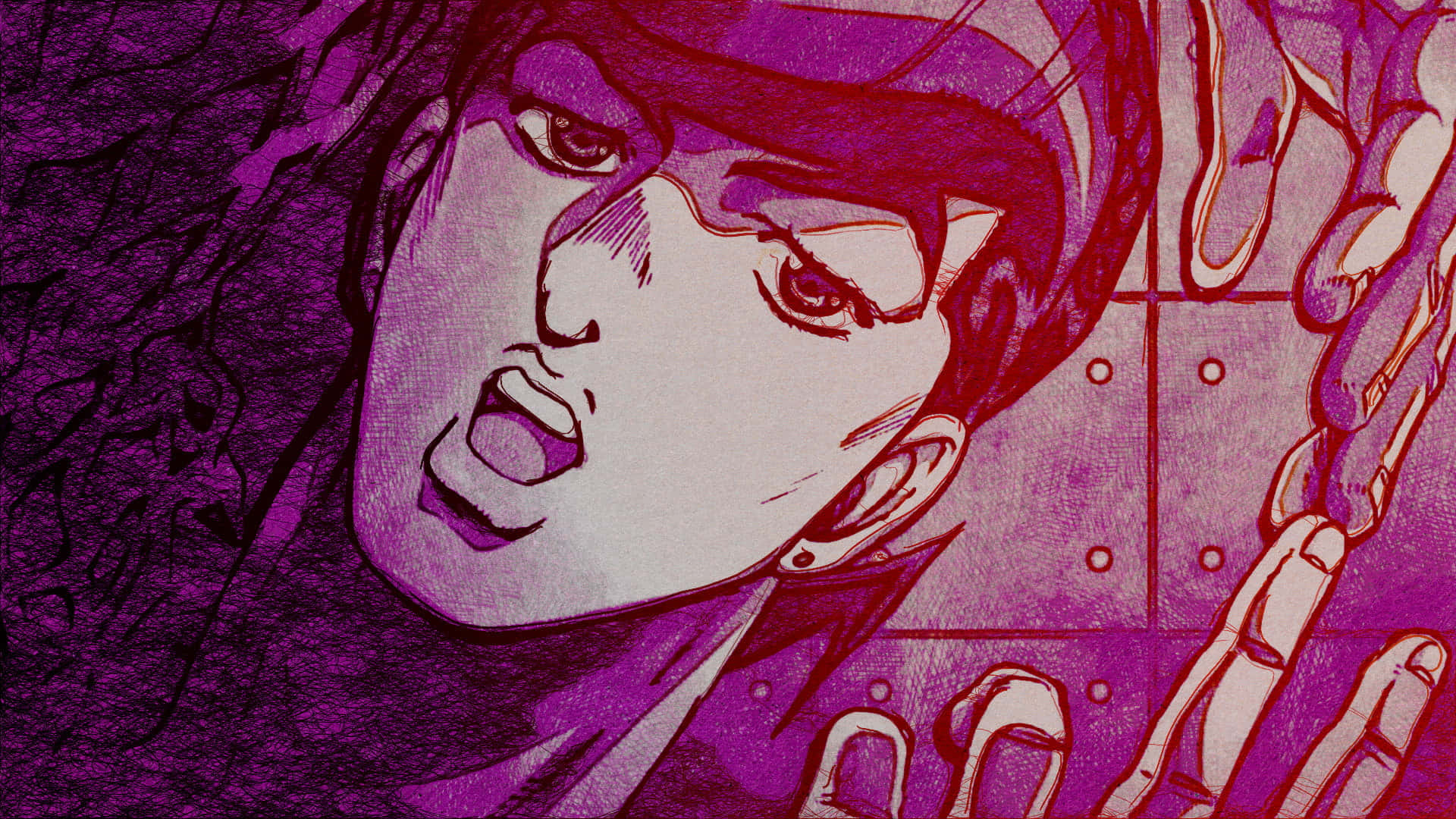 Josuke Higashikata 桌布 壁紙 — 一個風格化的動漫角色，擁有強烈的眼神和張開的嘴巴，背景是帶有鎖鏈的紫色紋理背景。