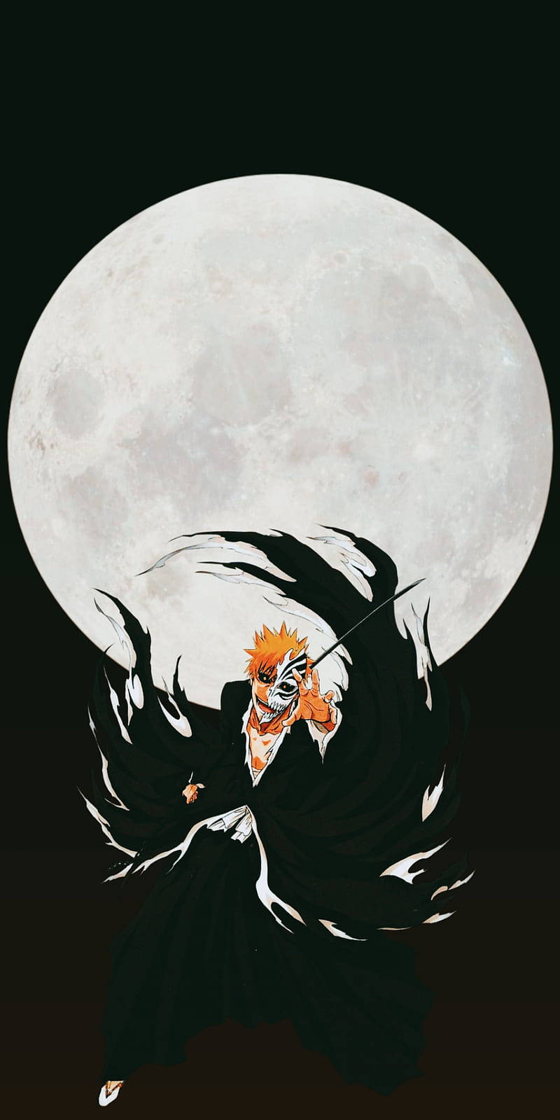Bleach iPhone 桌布 壁紙 — 一個風格化的動漫角色，擁有橙色頭髮和黑色外套，站在黑暗天空中的巨大滿月前。