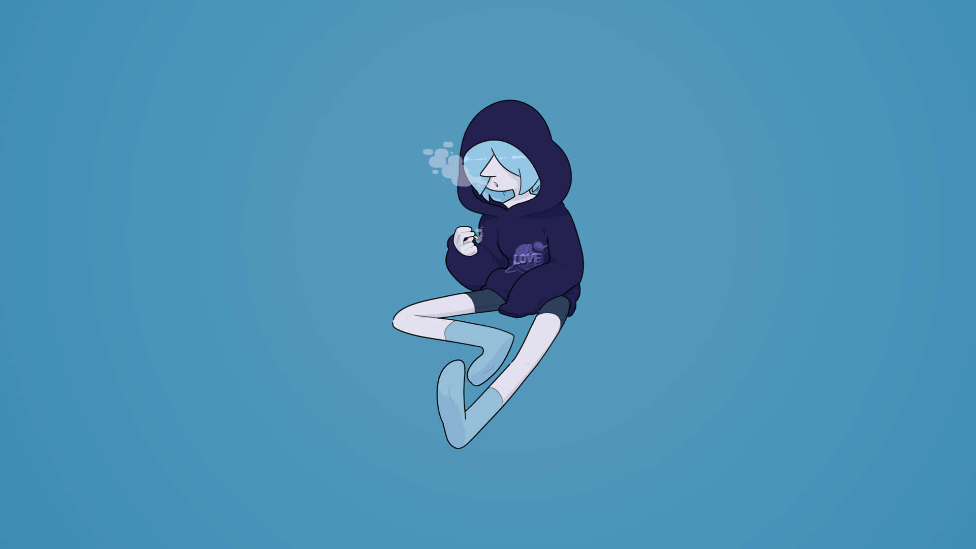 迷幻 桌布 壁紙 — 一個風格化的動漫角色，擁有淺藍色頭髮和連帽衫，在純藍色漸變背景上平靜地漂浮。