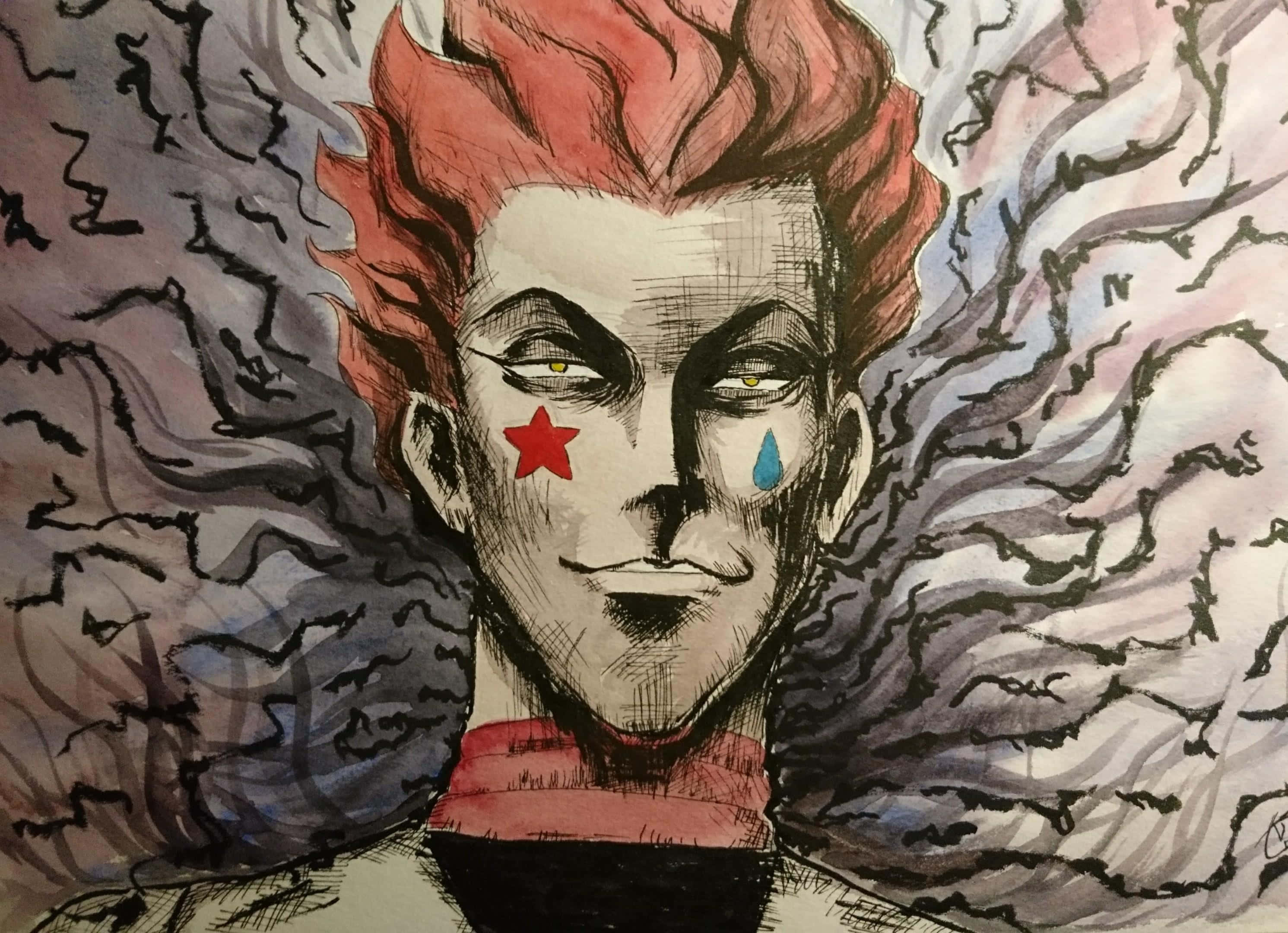 hisoka 桌布 壁紙 — 一個風格化的動漫角色，擁有火紅的頭髮、紅星和臉上的藍色淚珠，被旋轉的黑暗煙霧包圍。