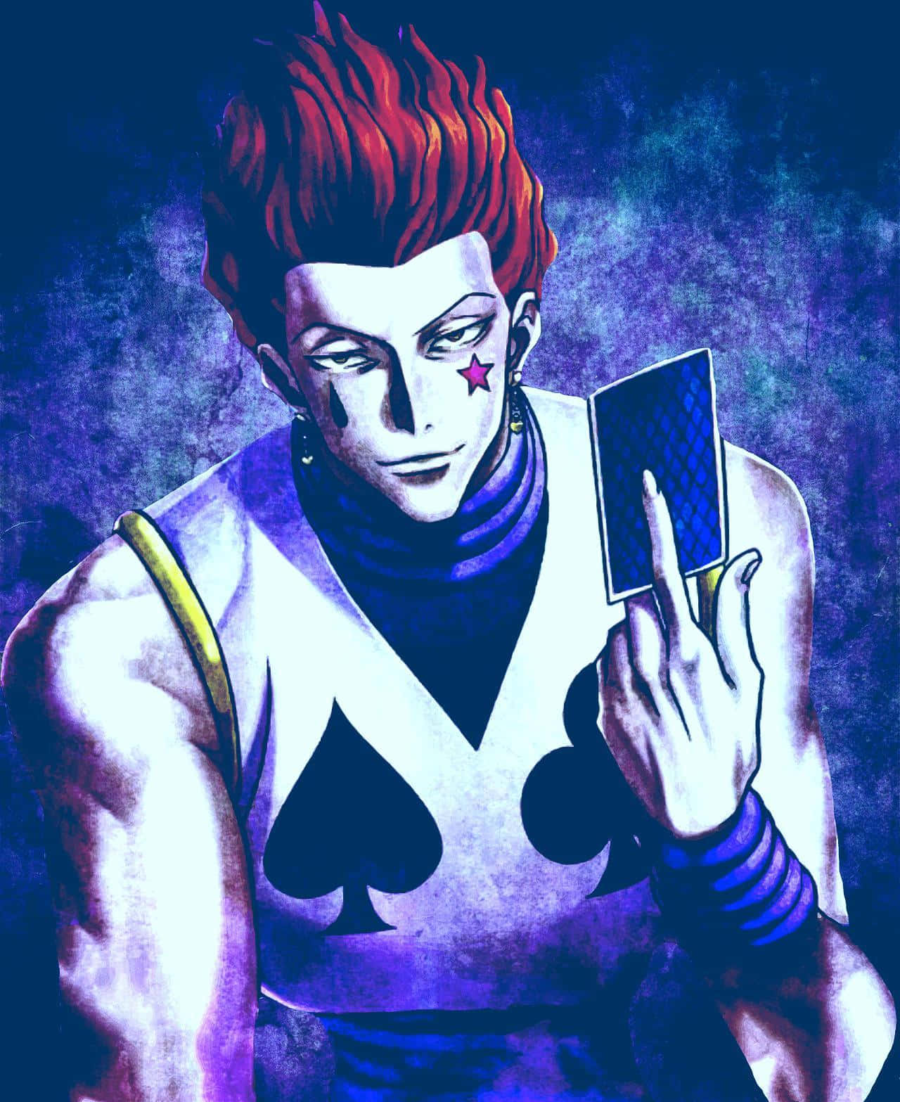 hisoka 桌布 壁紙 — 一個風格化的動漫角色，擁有火紅的頭髮和星星紋身，在憂鬱的藍色背景前拿著一張撲克牌。