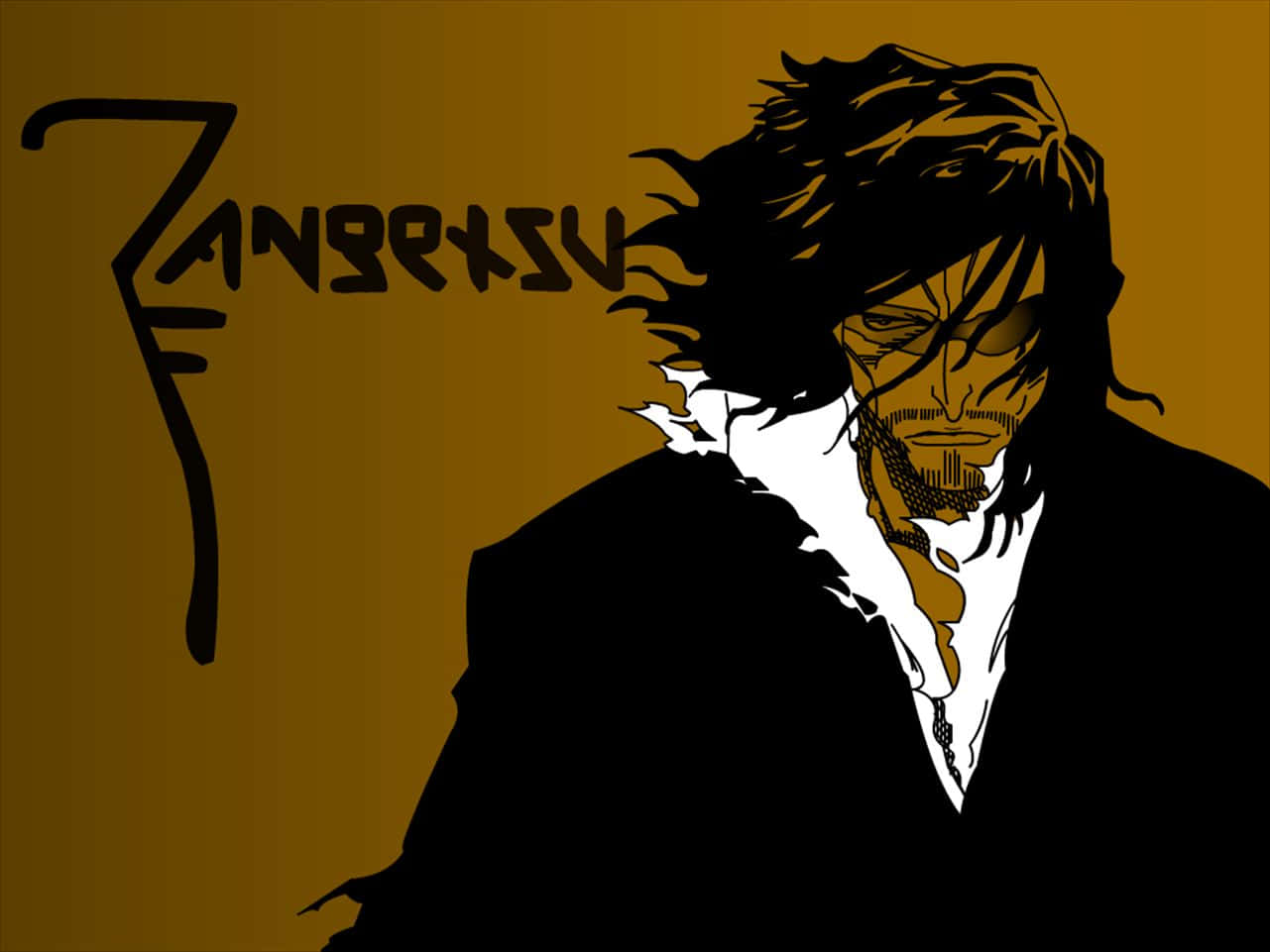 Zangetsu 桌布 壁紙 — 一個風格化的動漫角色，擁有狂野的頭髮和強烈的目光，站在金色背景上，並以粗體黑色字體寫著Zangetsu的名字。
