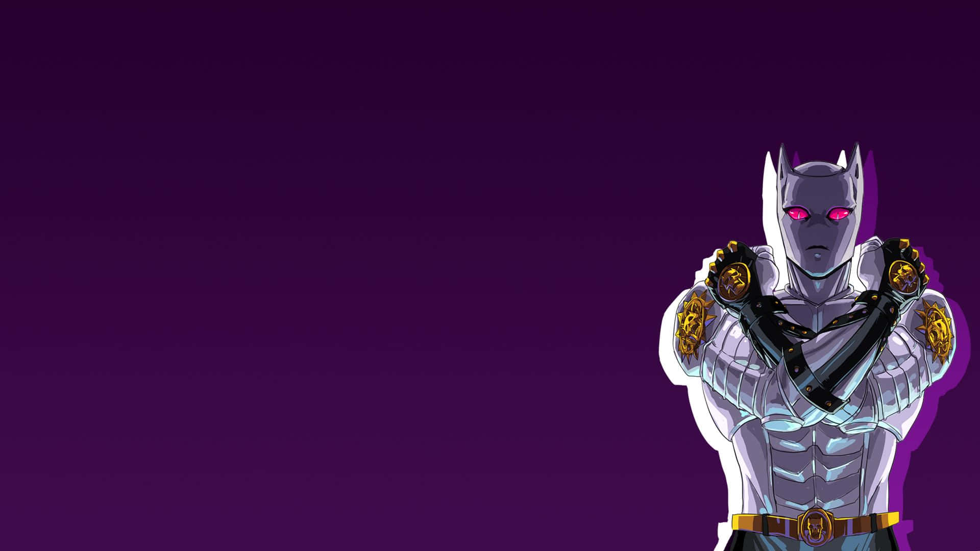 Jojo Stands 桌布 壁紙 — 一個風格化的動漫角色，擁有發光的粉紅色眼睛和銀色盔甲，自信地站在深紫色漸變背景前。