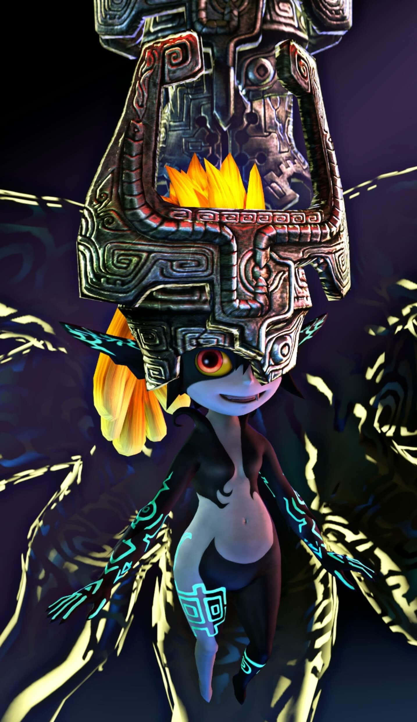 The Legend Of Zelda Midna 桌布 壁紙 — 一個風格化的動漫角色，擁有發光的橙色眼睛和一個大型華麗面具，在深色圖案背景前手持一把火焰火炬。