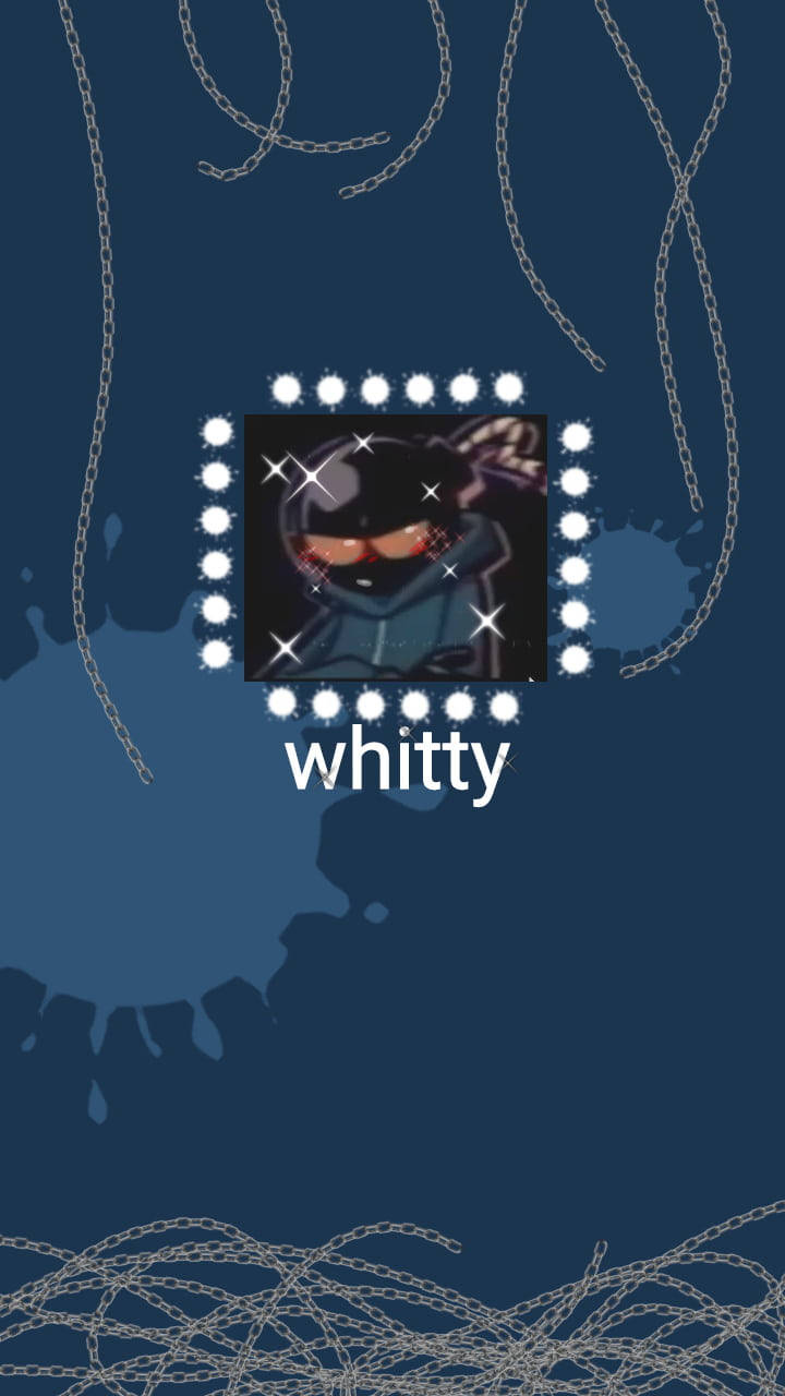 Whitty 桌布 壁紙 — 一個風格化的動漫角色，擁有發光的橙色眼睛，被聚光燈和鎖鏈框在深藍色背景上。