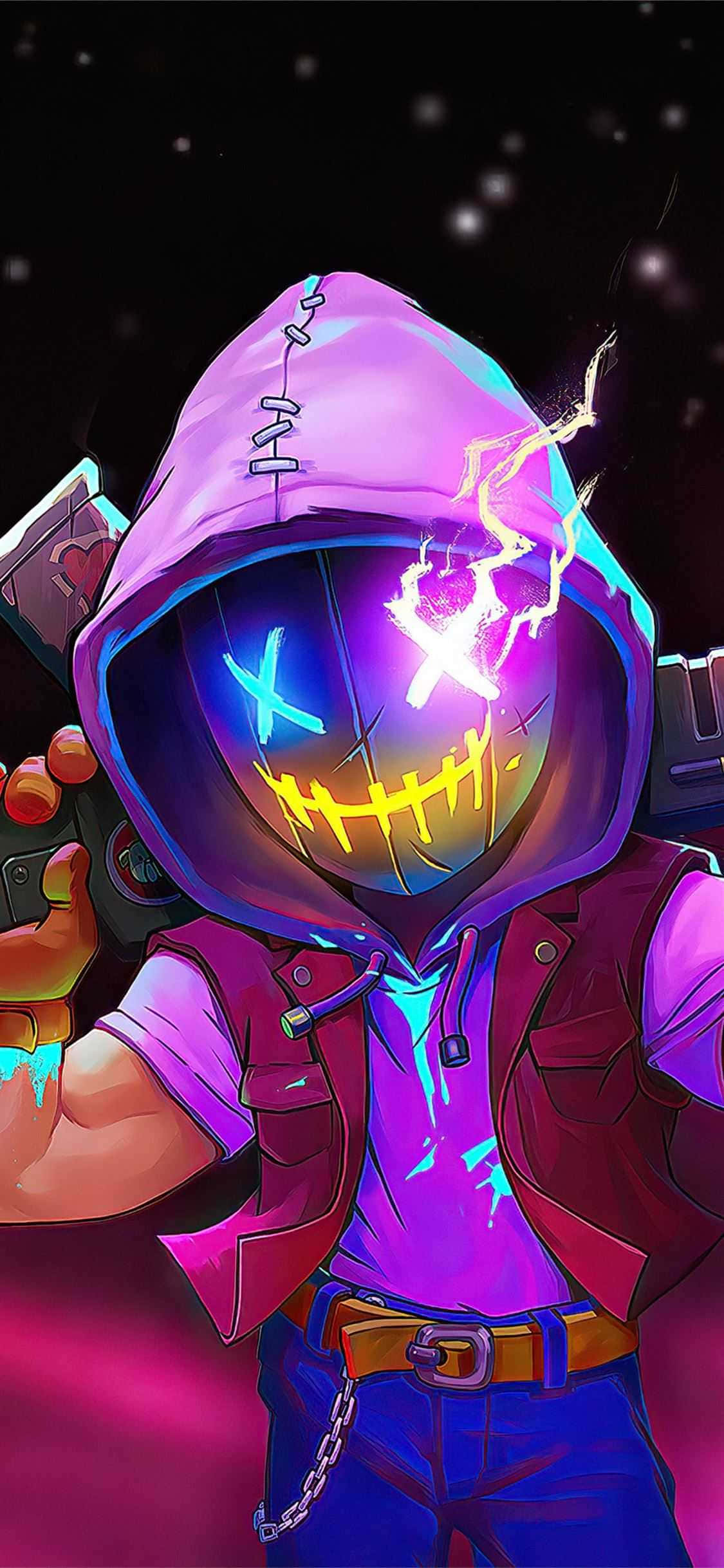 Mobile Gaming 桌布 壁紙 — 一個風格化的動漫角色，擁有發光的縫合臉和紫色連帽衫，站在星空夜空下，手持武器。