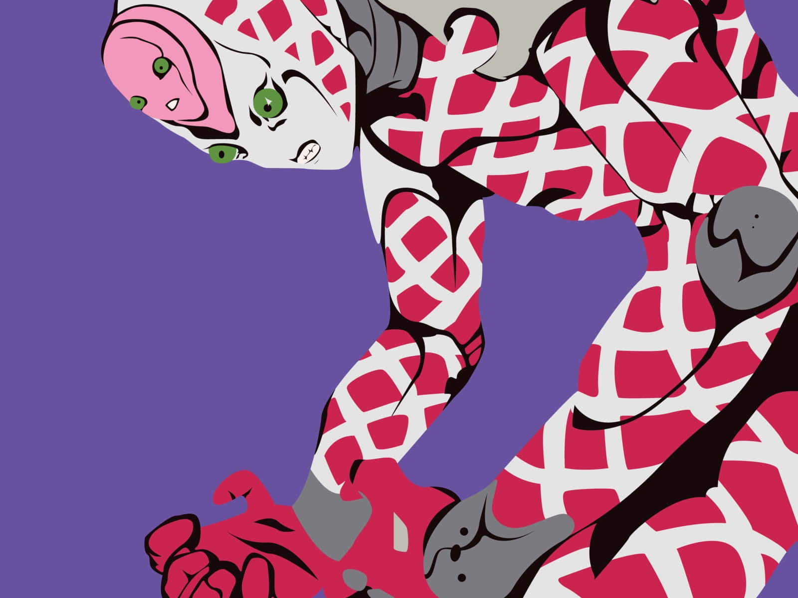 Jojo King Crimson 桌布 壁紙 — 一個風格化的動漫角色，擁有粉紅和白色格仔皮膚和綠色眼睛，在純紫色背景上擺出動態姿勢。